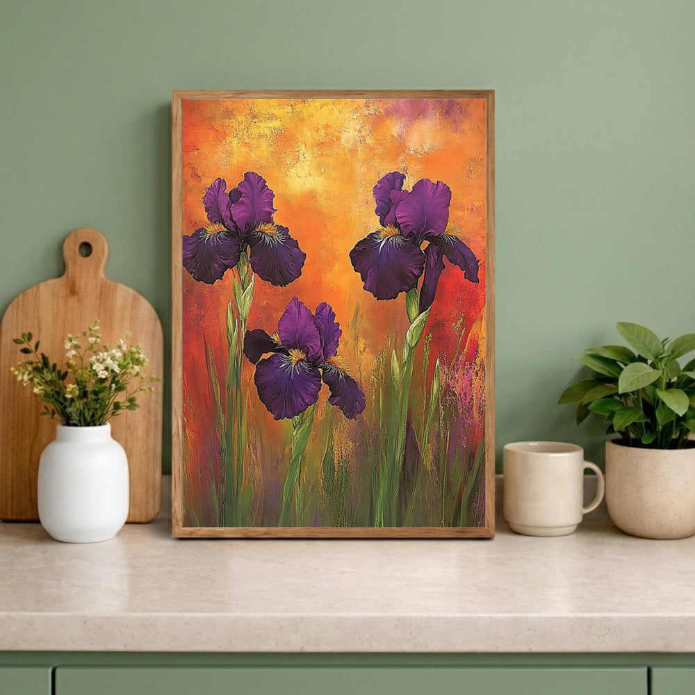 Purple Iris Wall Art Print, Bold Floral Botanical Decor, Vibrant Home Interior Canvas, Colorful Flower Wall Decor, Modern Botanical Artwork