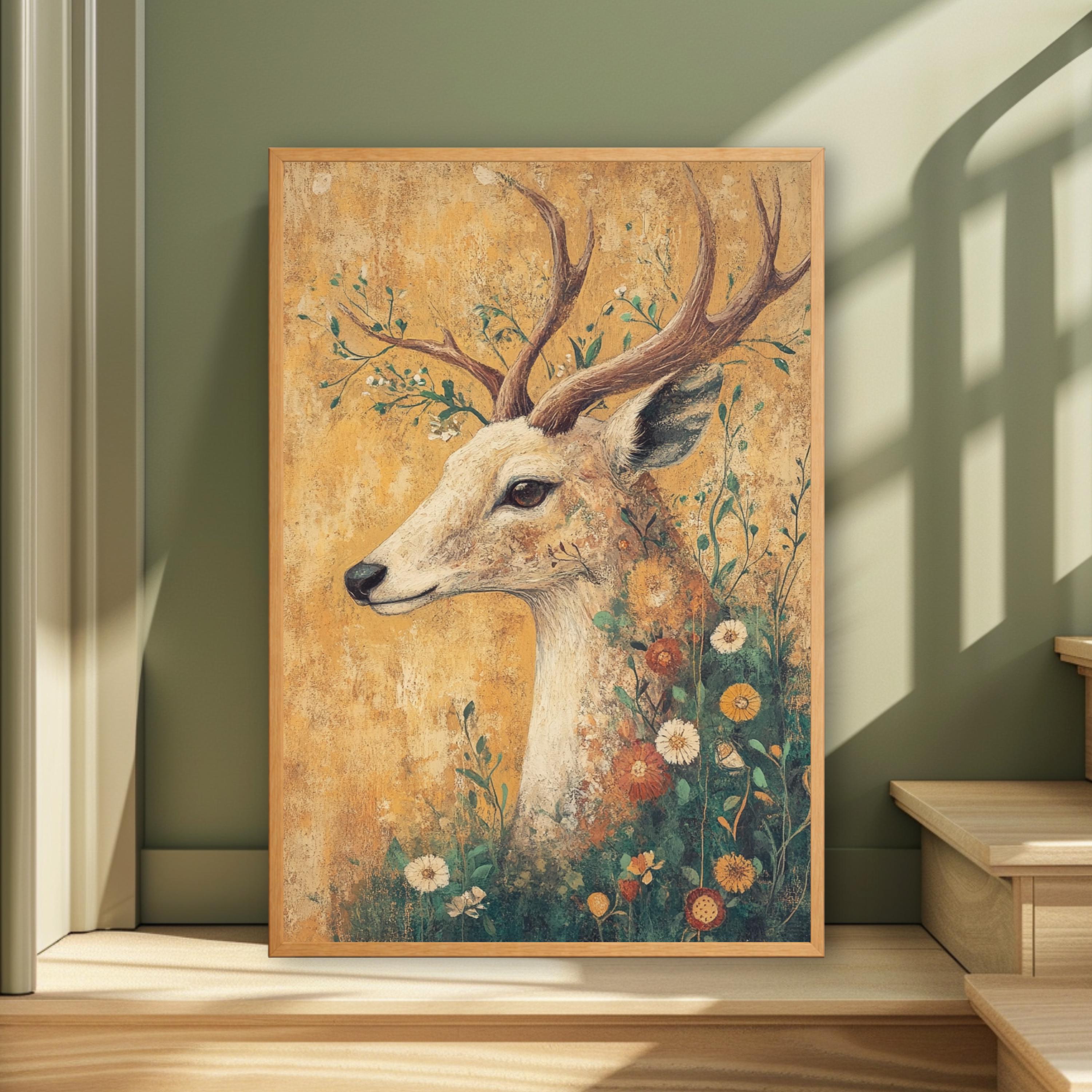 Vintage Deer Wall Art, Woodland Deer Print, Rustic Wildlife Decor, Farmhouse Animal Artwork, Botanical Stag Framed Canvas