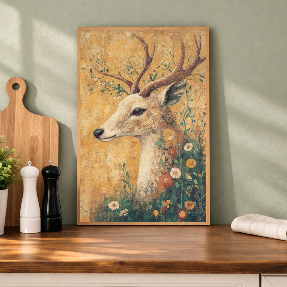 Vintage Deer Wall Art, Woodland Deer Print, Rustic Wildlife Decor, Farmhouse Animal Artwork, Botanical Stag Framed Canvas