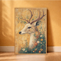 Vintage Deer Wall Art, Woodland Deer Print, Rustic Wildlife Decor, Farmhouse Animal Artwork, Botanical Stag Framed Canvas