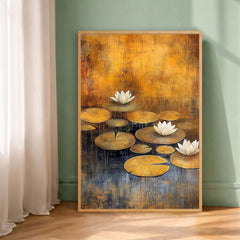 Lotus Flower Wall Art, Water Lily Print, Zen Botanical Decor, Golden Pond Artwork, Tranquil Nature Framed Canvas, Cottagecore Decor