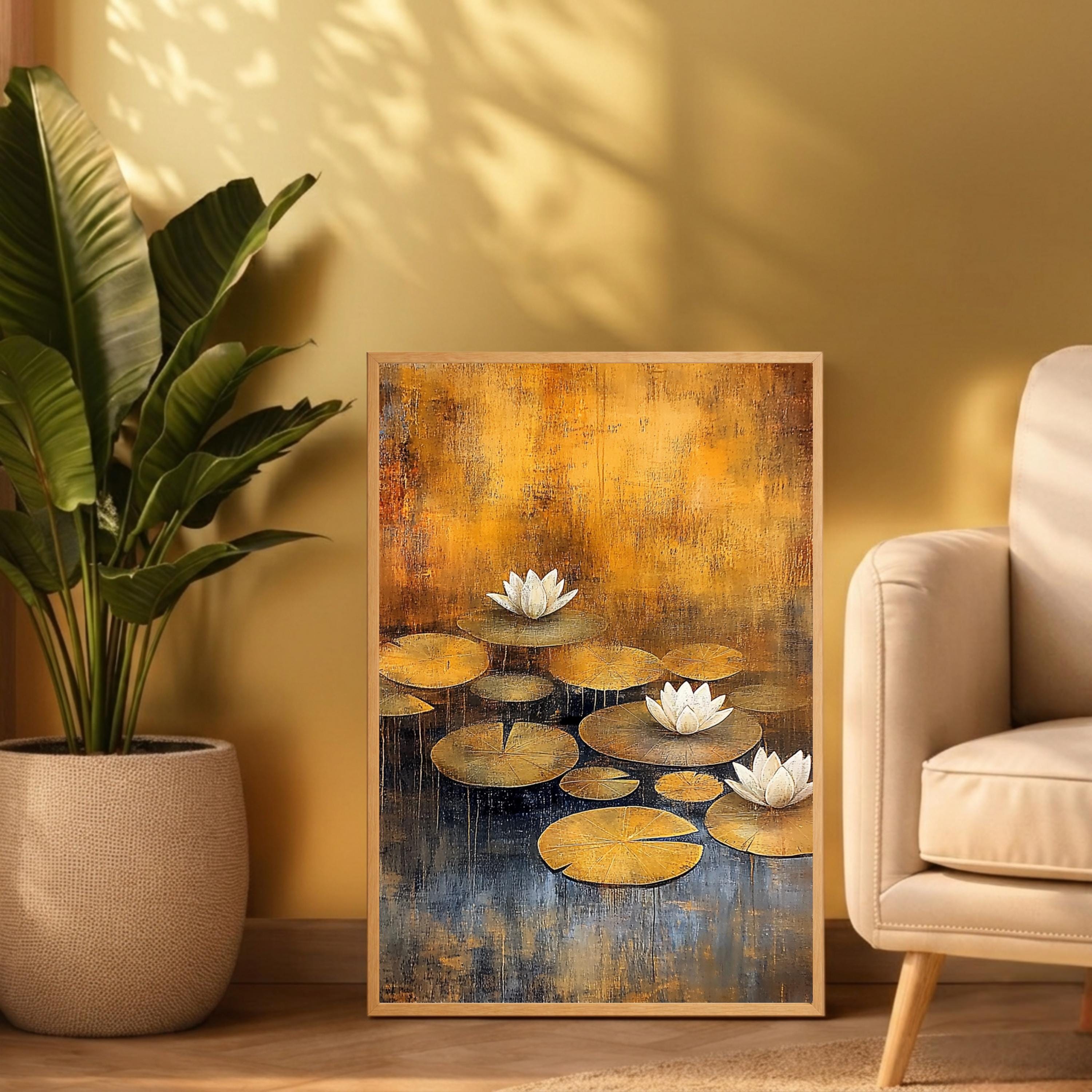 Lotus Flower Wall Art, Water Lily Print, Zen Botanical Decor, Golden Pond Artwork, Tranquil Nature Framed Canvas, Cottagecore Decor