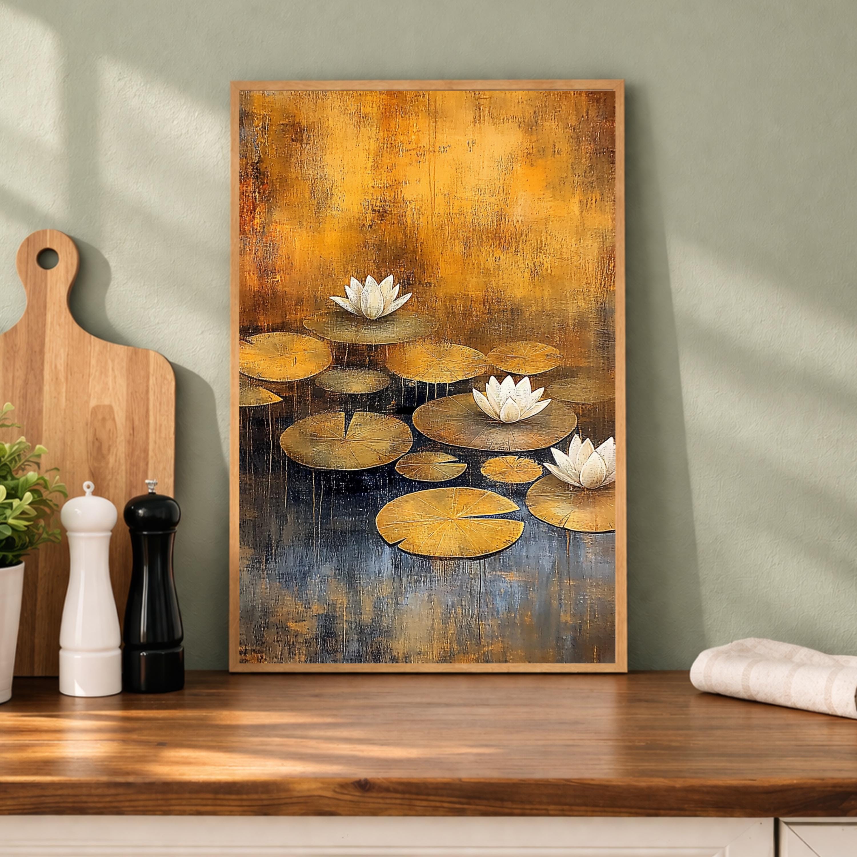 Lotus Flower Wall Art, Water Lily Print, Zen Botanical Decor, Golden Pond Artwork, Tranquil Nature Framed Canvas, Cottagecore Decor