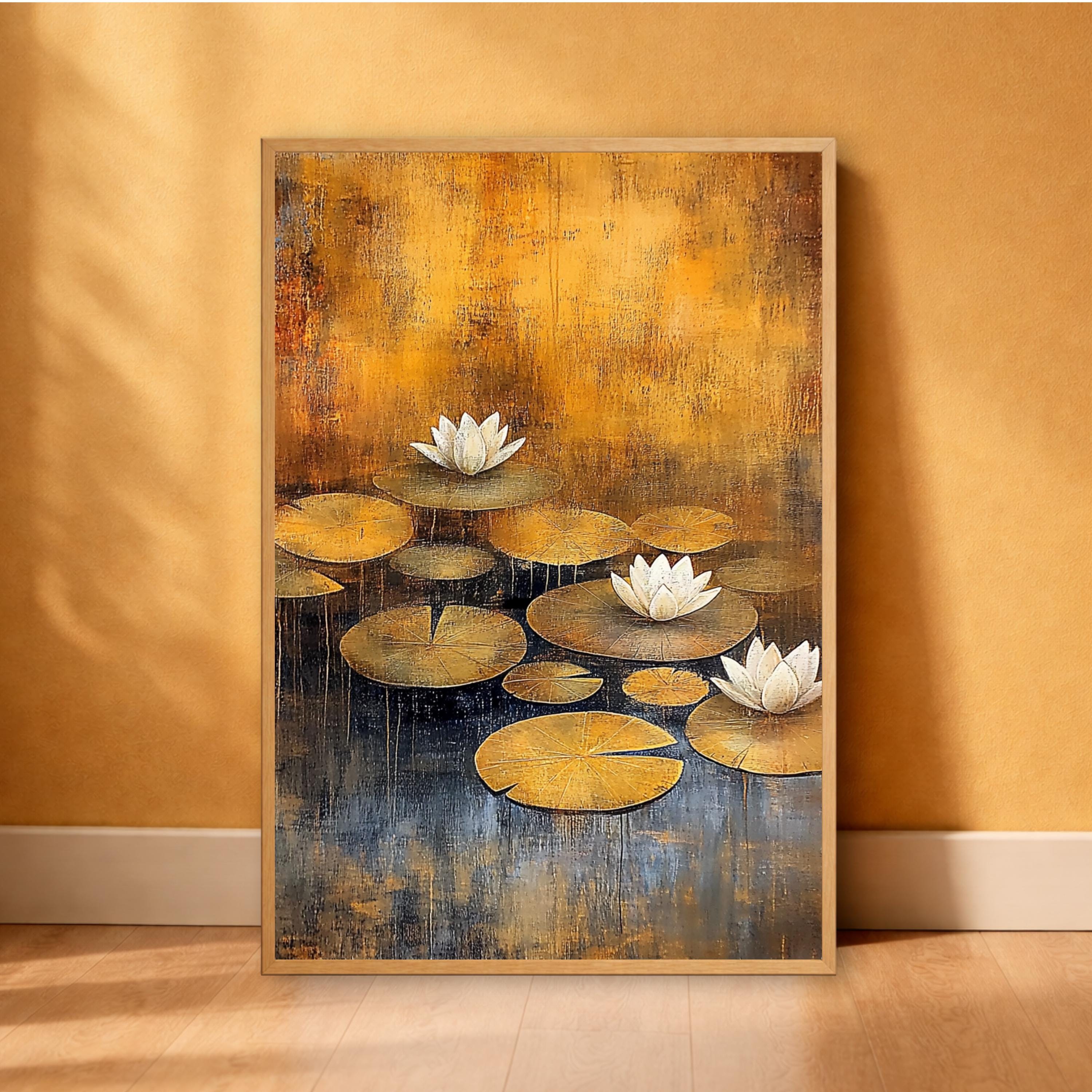 Lotus Flower Wall Art, Water Lily Print, Zen Botanical Decor, Golden Pond Artwork, Tranquil Nature Framed Canvas, Cottagecore Decor