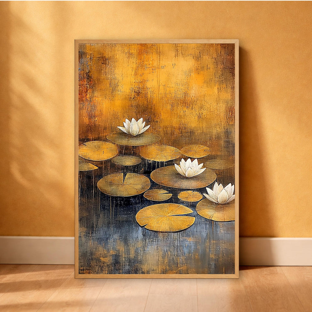 Lotus Flower Wall Art, Water Lily Print, Zen Botanical Decor, Golden Pond Artwork, Tranquil Nature Framed Canvas, Cottagecore Decor
