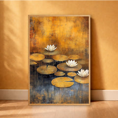 Lotus Flower Wall Art, Water Lily Print, Zen Botanical Decor, Golden Pond Artwork, Tranquil Nature Framed Canvas, Cottagecore Decor