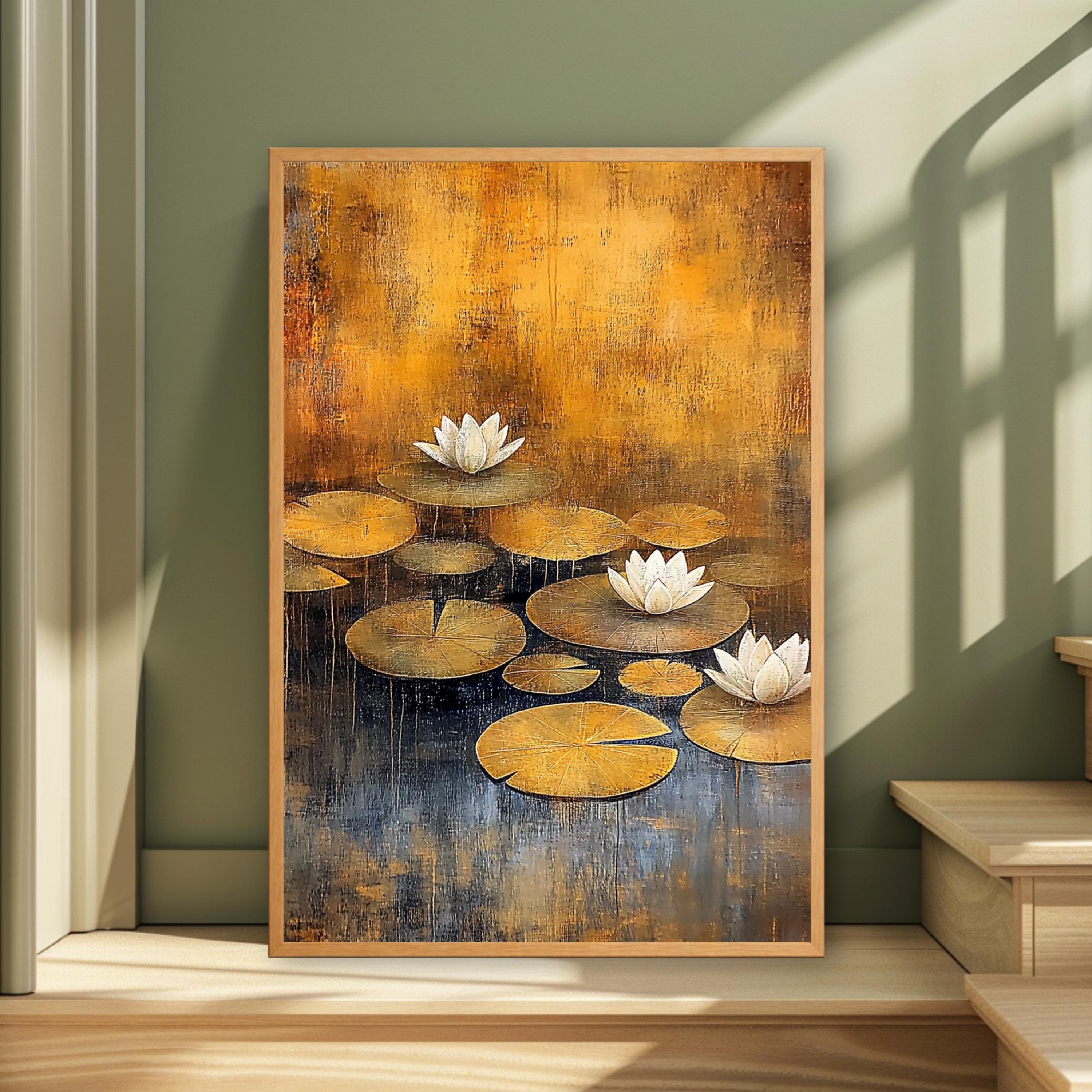 Lotus Flower Wall Art, Water Lily Print, Zen Botanical Decor, Golden Pond Artwork, Tranquil Nature Framed Canvas, Cottagecore Decor