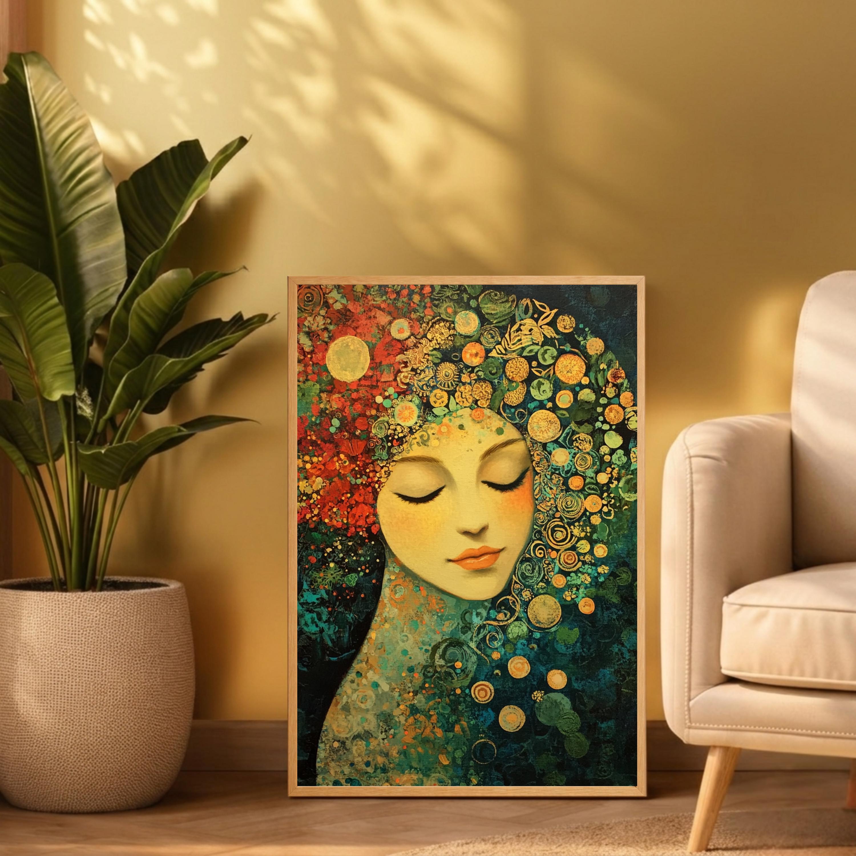 Floral Goddess Wall Art, Abstract Feminine Portrait Print, Vibrant Botanical Decor, Boho Woman Artwork, Artistic Framed Canvas