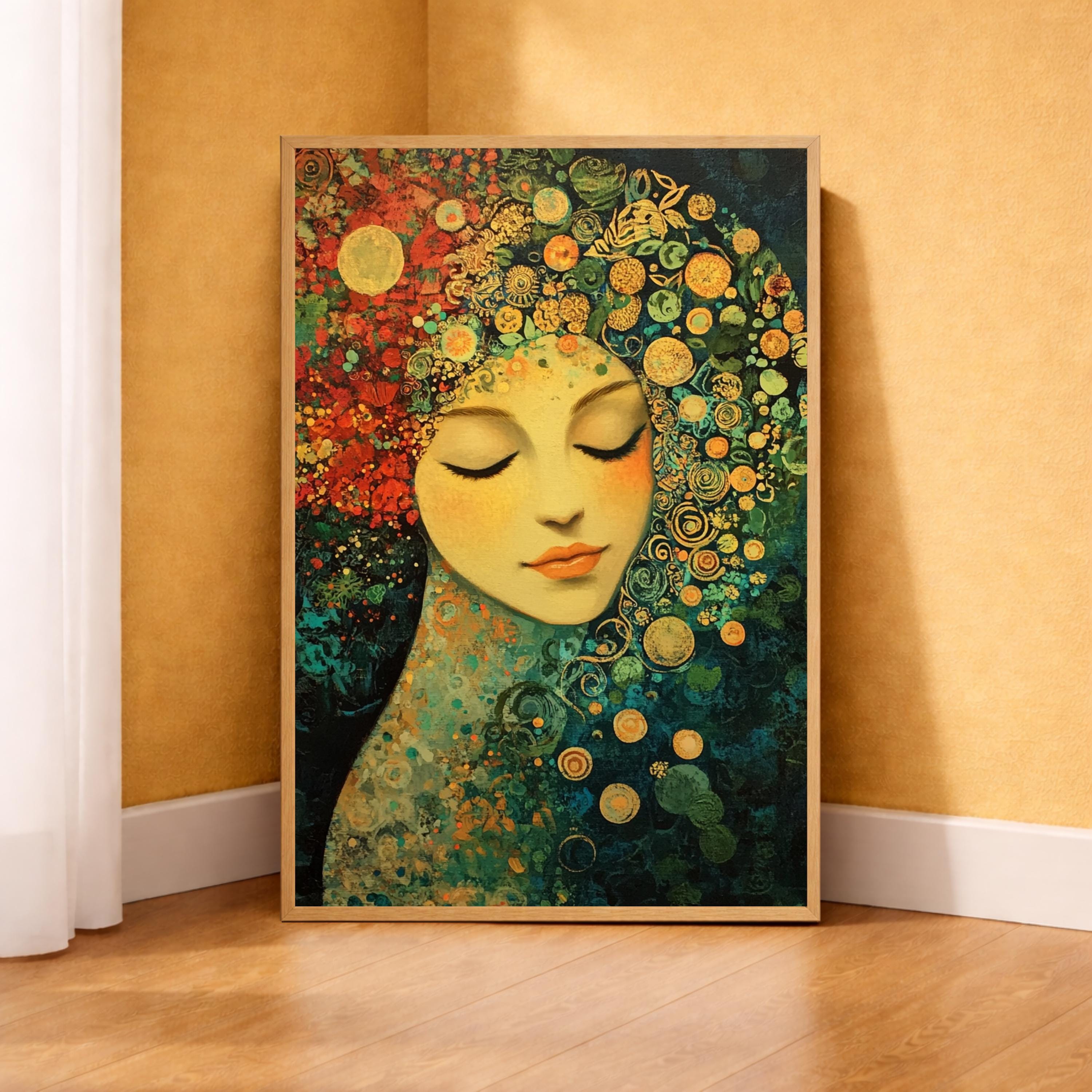 Floral Goddess Wall Art, Abstract Feminine Portrait Print, Vibrant Botanical Decor, Boho Woman Artwork, Artistic Framed Canvas