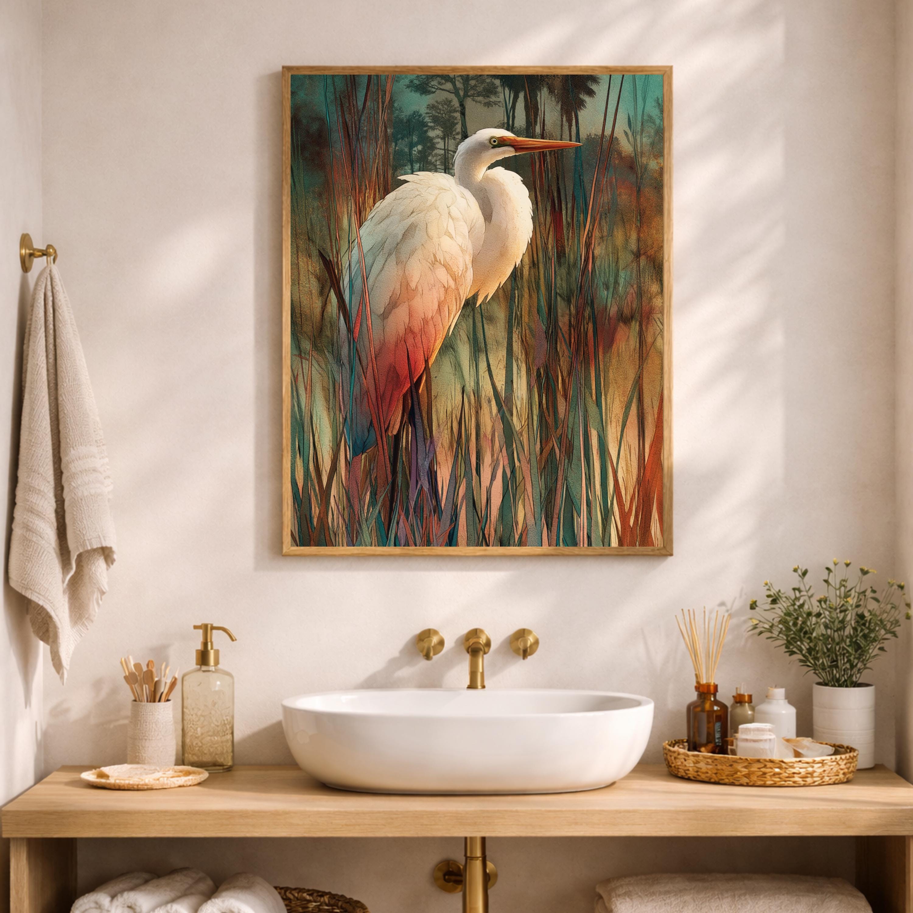 Egret Bird Wall Art, Wetland Wildlife Print, Nature Landscape Home Decor, Coastal Artwork for Living Room, Elegant Bird Framed Canvas