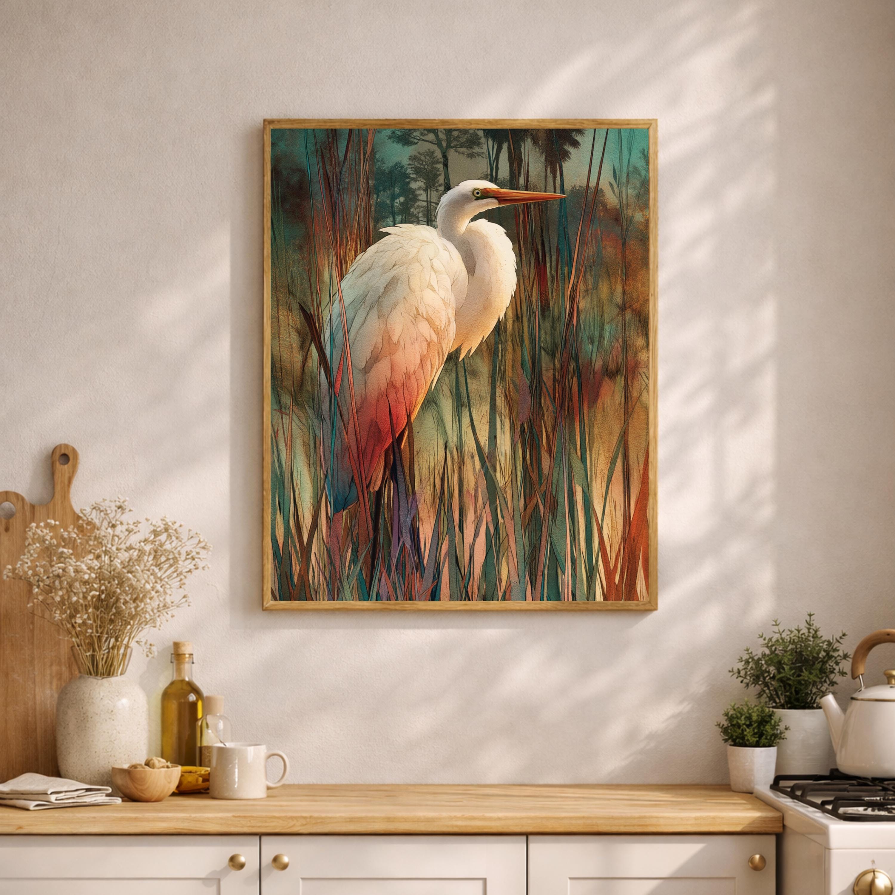 Egret Bird Wall Art, Wetland Wildlife Print, Nature Landscape Home Decor, Coastal Artwork for Living Room, Elegant Bird Framed Canvas