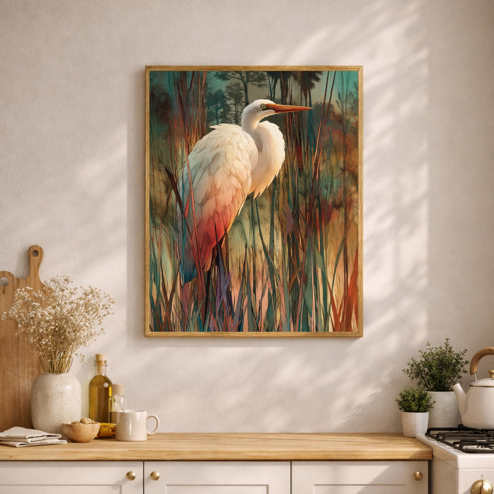 Egret Bird Wall Art, Wetland Wildlife Print, Nature Landscape Home Decor, Coastal Artwork for Living Room, Elegant Bird Framed Canvas