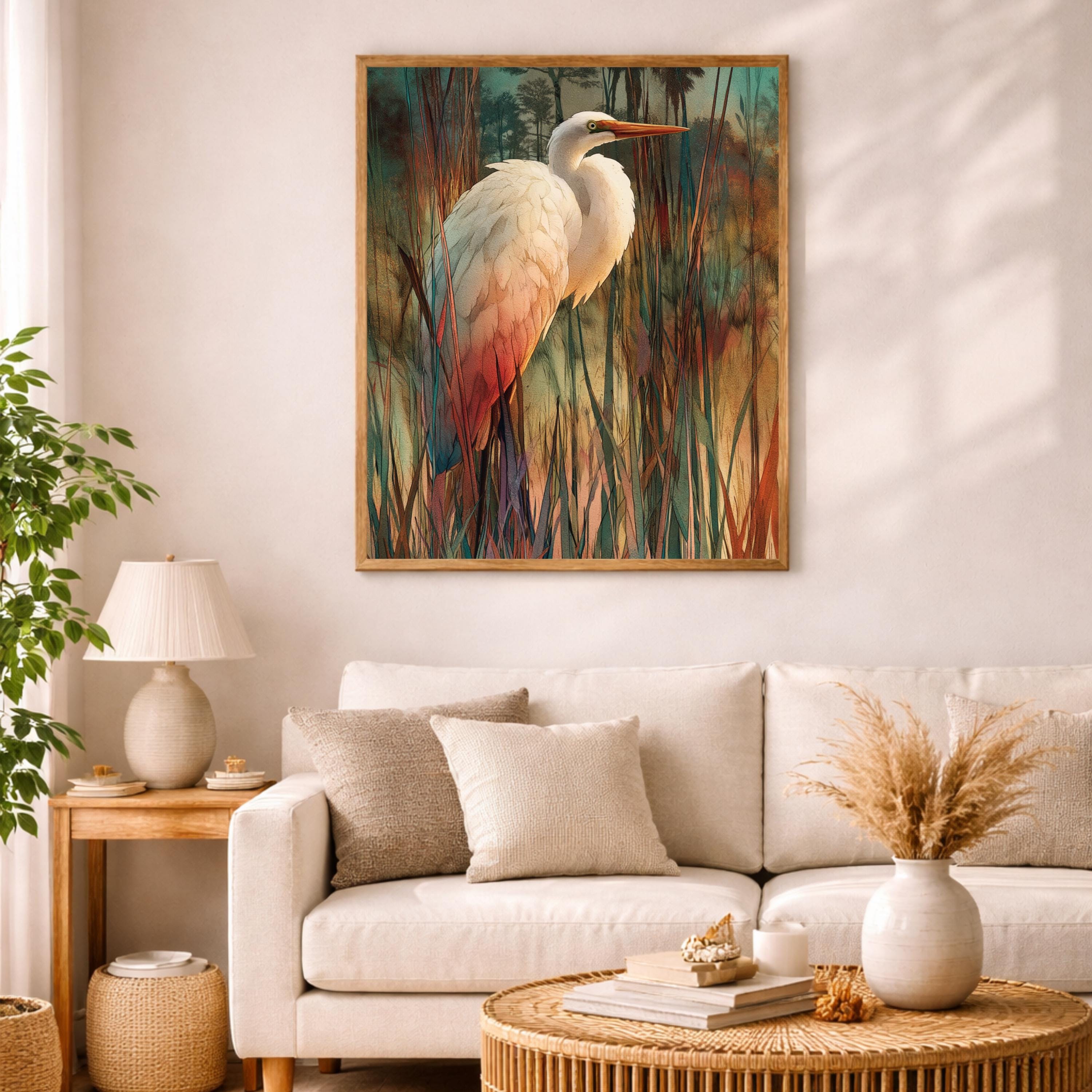 Egret Bird Wall Art, Wetland Wildlife Print, Nature Landscape Home Decor, Coastal Artwork for Living Room, Elegant Bird Framed Canvas