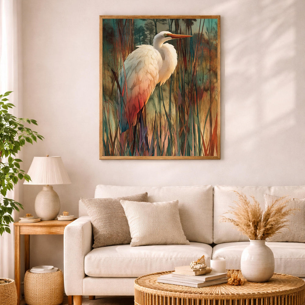 Egret Bird Wall Art, Wetland Wildlife Print, Nature Landscape Home Decor, Coastal Artwork for Living Room, Elegant Bird Framed Canvas