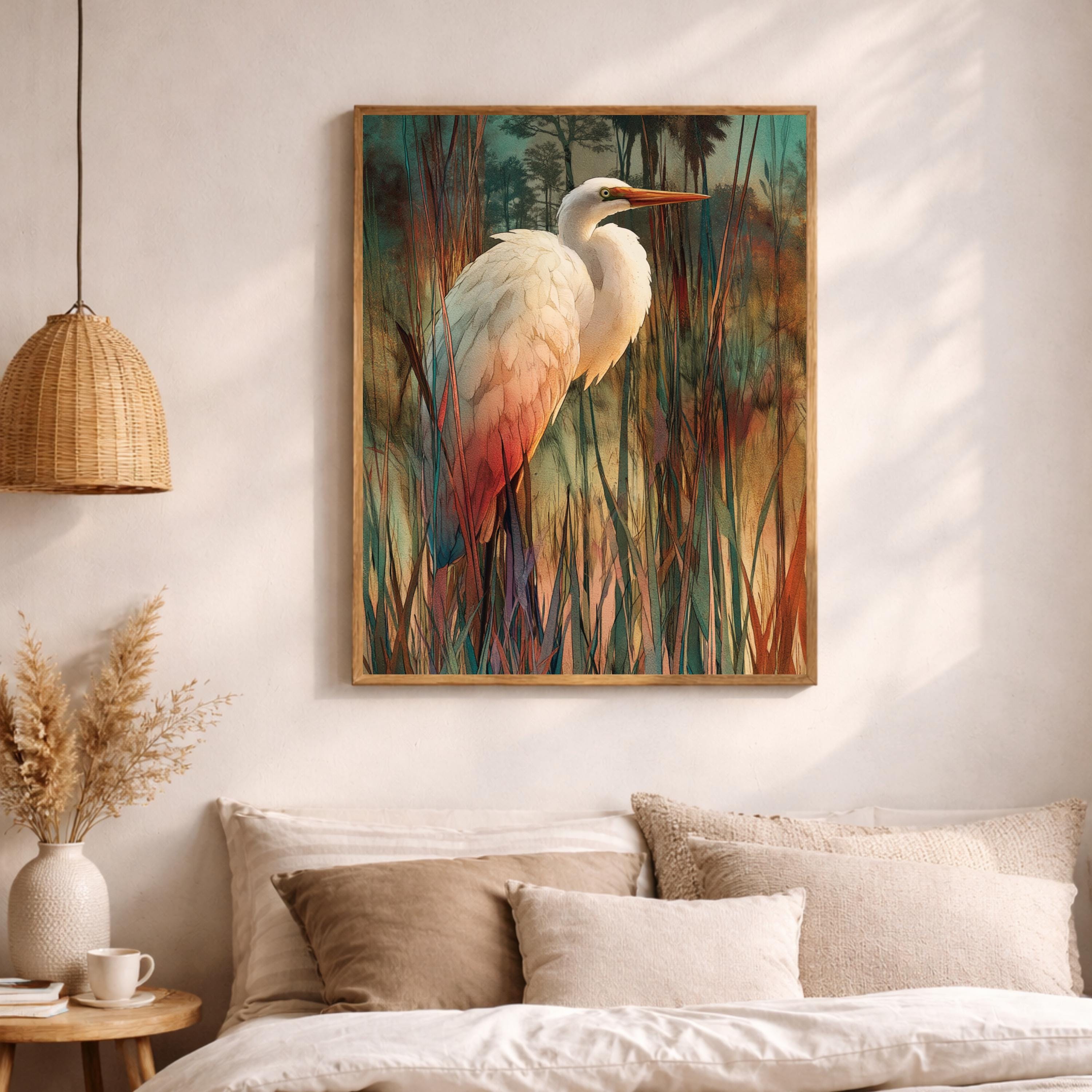 Egret Bird Wall Art, Wetland Wildlife Print, Nature Landscape Home Decor, Coastal Artwork for Living Room, Elegant Bird Framed Canvas