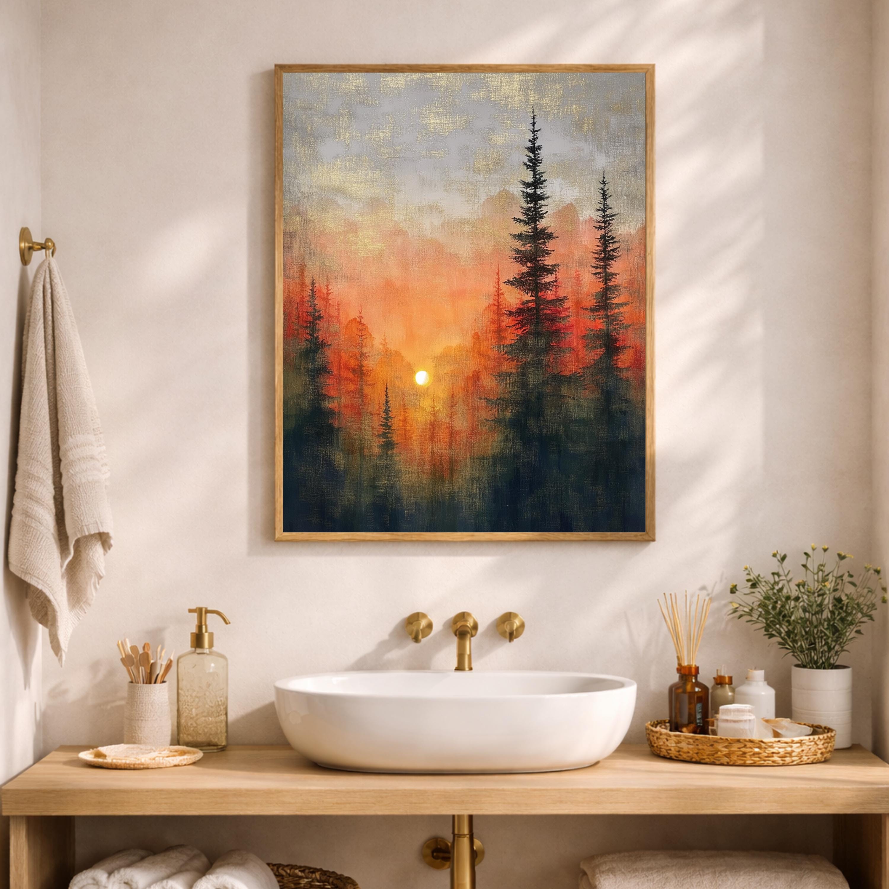 Forest Sunset Wall Art, Evergreen Landscape Print, Nature Scenery Artwork, Rustic Cabin Decor, Warm Home Accent for Living Room