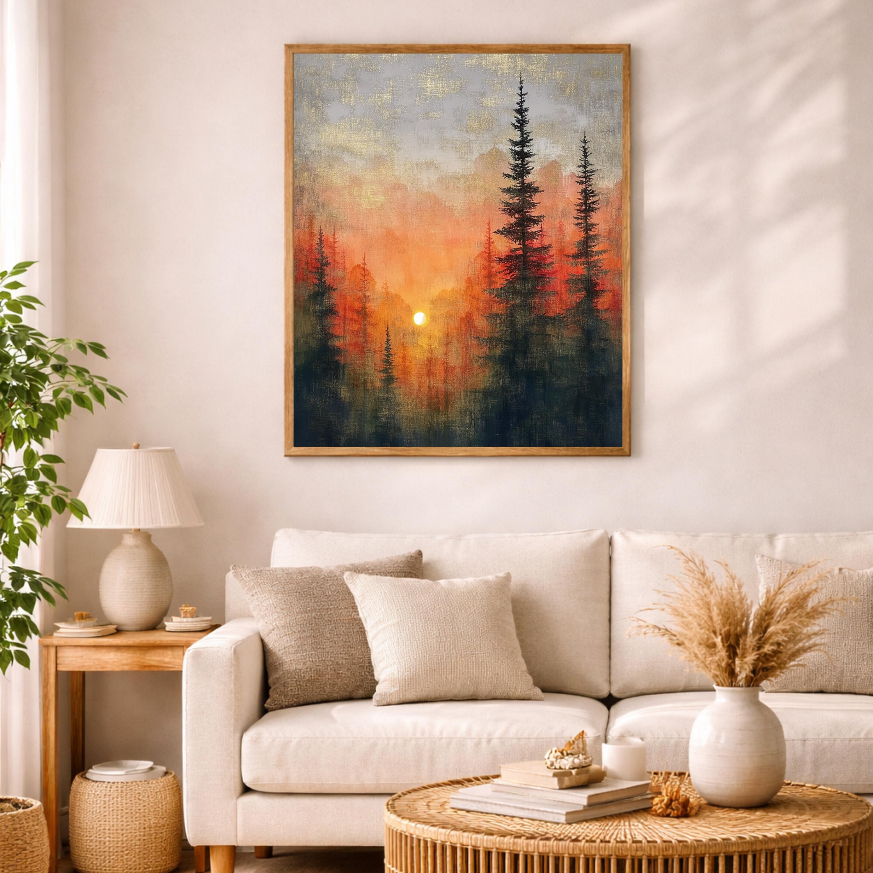 Forest Sunset Wall Art, Evergreen Landscape Print, Nature Scenery Artwork, Rustic Cabin Decor, Warm Home Accent for Living Room