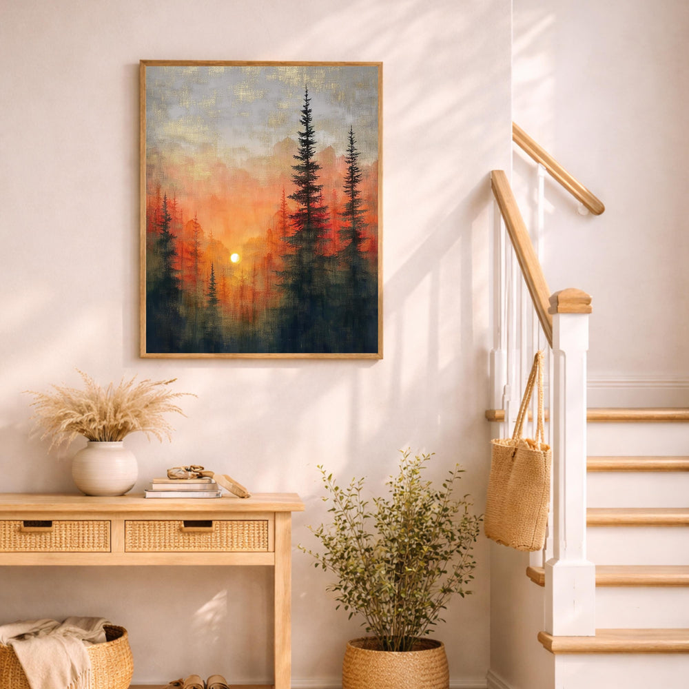 Forest Sunset Wall Art, Evergreen Landscape Print, Nature Scenery Artwork, Rustic Cabin Decor, Warm Home Accent for Living Room