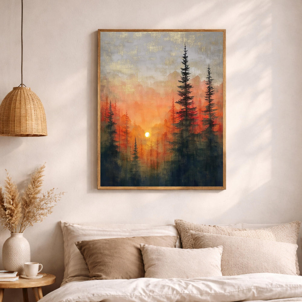 Forest Sunset Wall Art, Evergreen Landscape Print, Nature Scenery Artwork, Rustic Cabin Decor, Warm Home Accent for Living Room