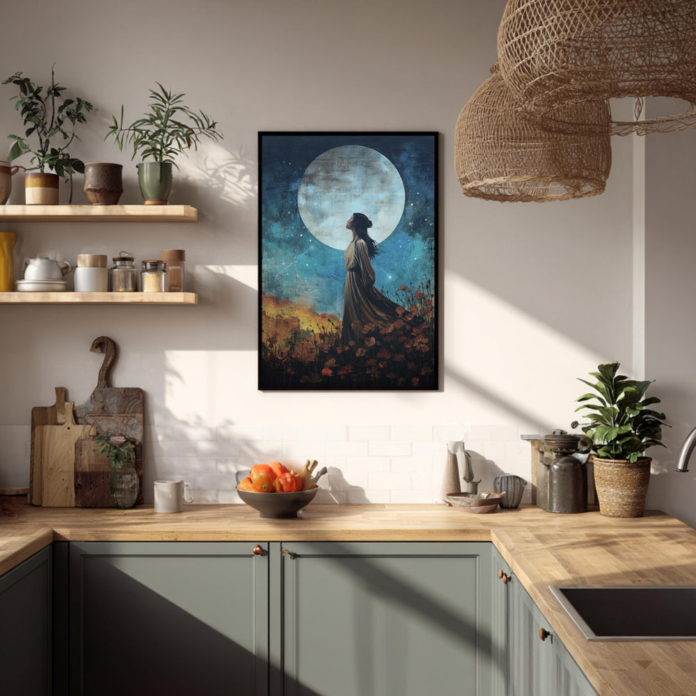 Celestial Woman Wall Art, Moon Goddess Print, Mystical Night Artwork, Feminine Spiritual Decor, Boho Framed Canvas