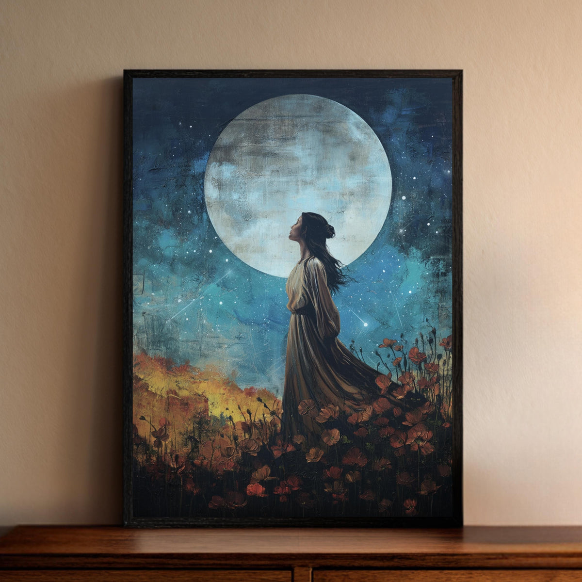 Celestial Woman Wall Art, Moon Goddess Print, Mystical Night Artwork, Feminine Spiritual Decor, Boho Framed Canvas