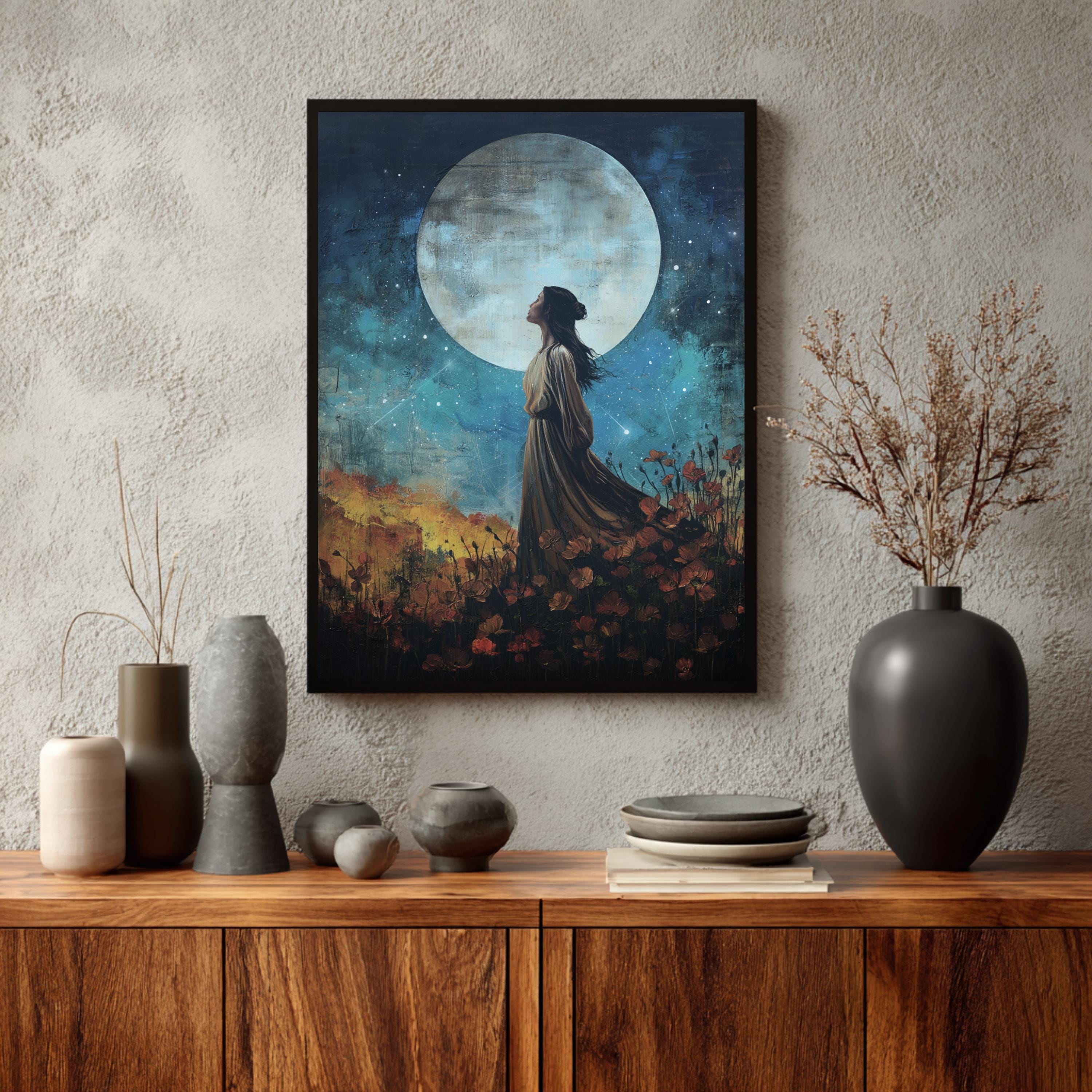 Celestial Woman Wall Art, Moon Goddess Print, Mystical Night Artwork, Feminine Spiritual Decor, Boho Framed Canvas