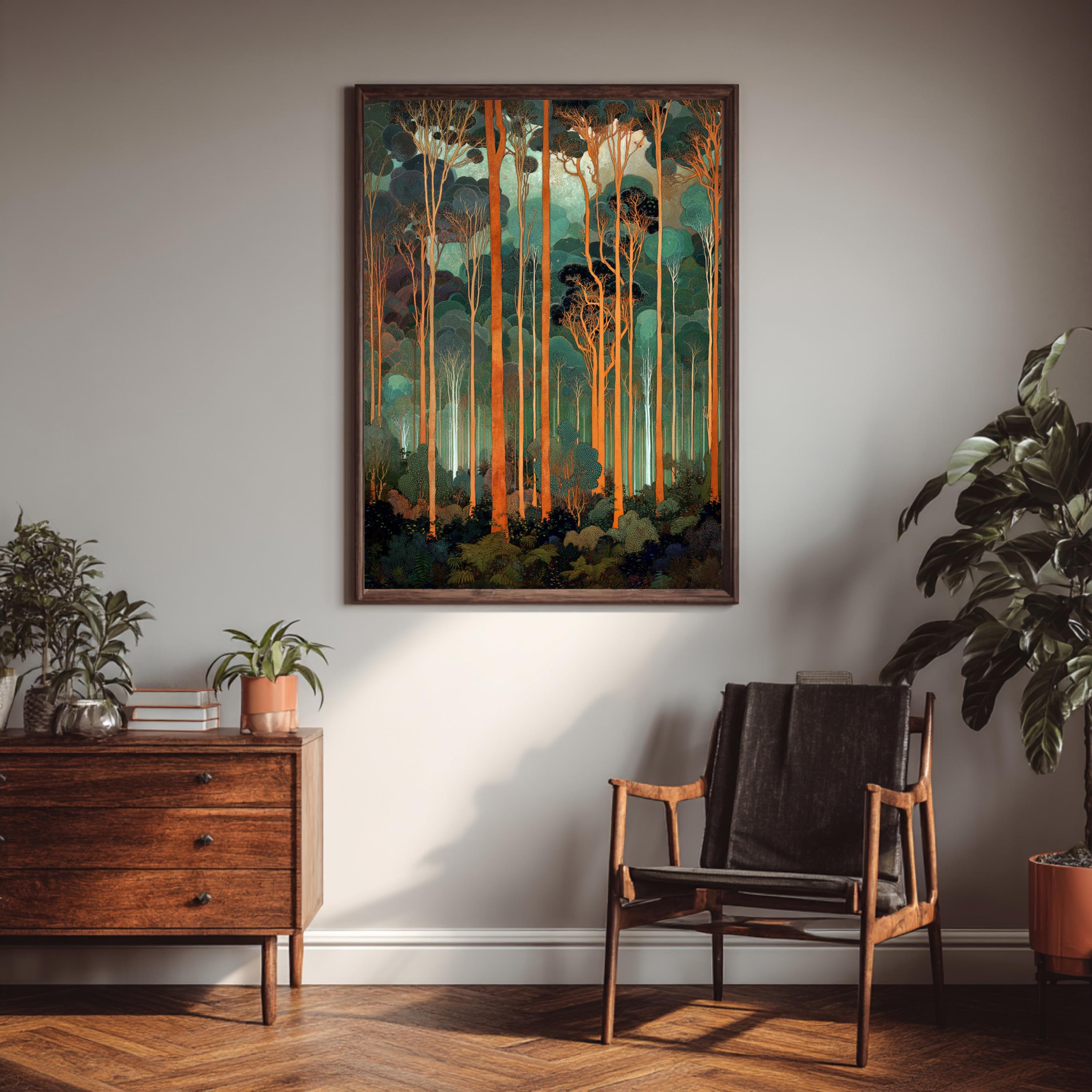 Tall Trees Wall Art, Forest Landscape Print, Teal Green Woodland Decor, Modern Nature Canvas, Vertical Forest Artwork for Living Room