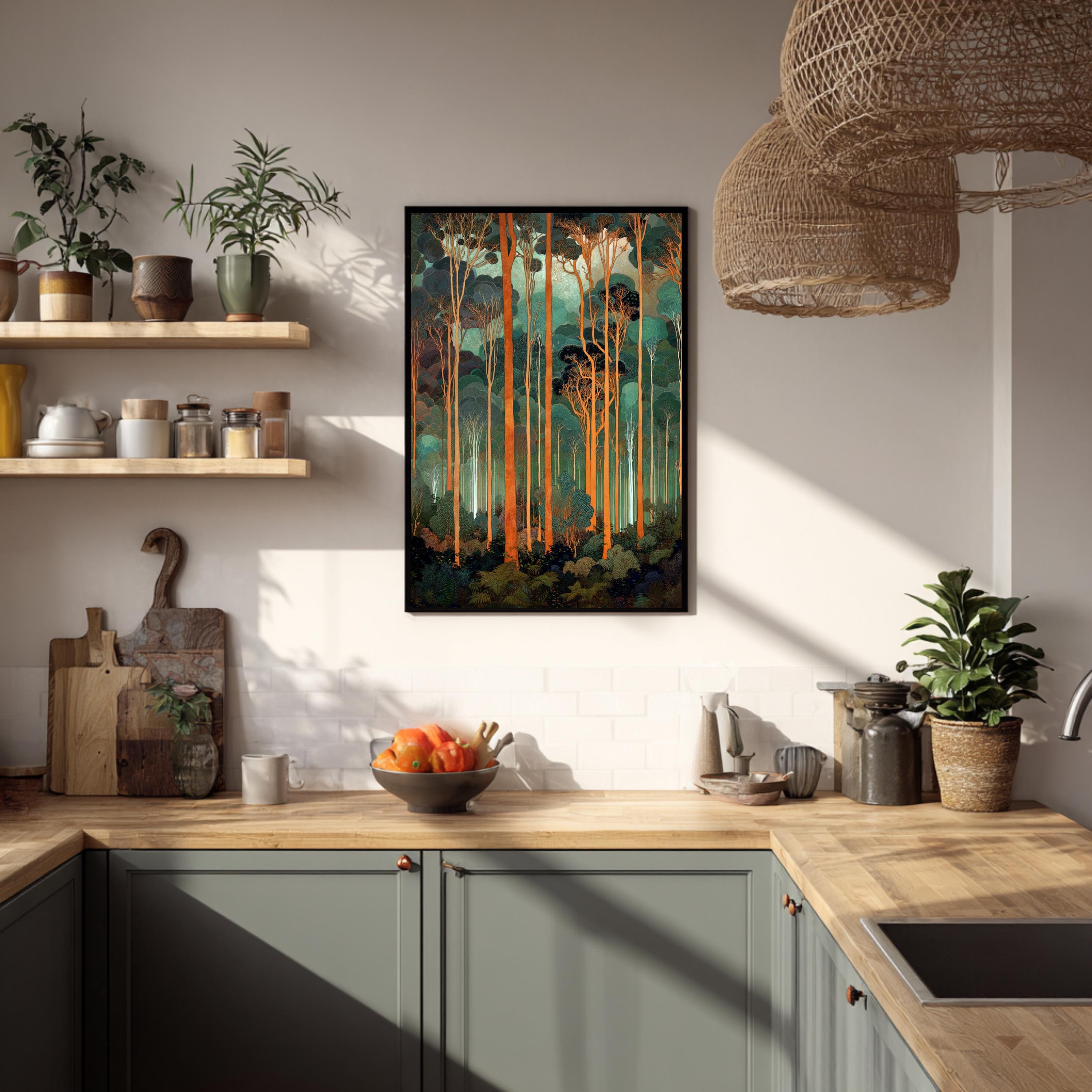 Tall Trees Wall Art, Forest Landscape Print, Teal Green Woodland Decor, Modern Nature Canvas, Vertical Forest Artwork for Living Room