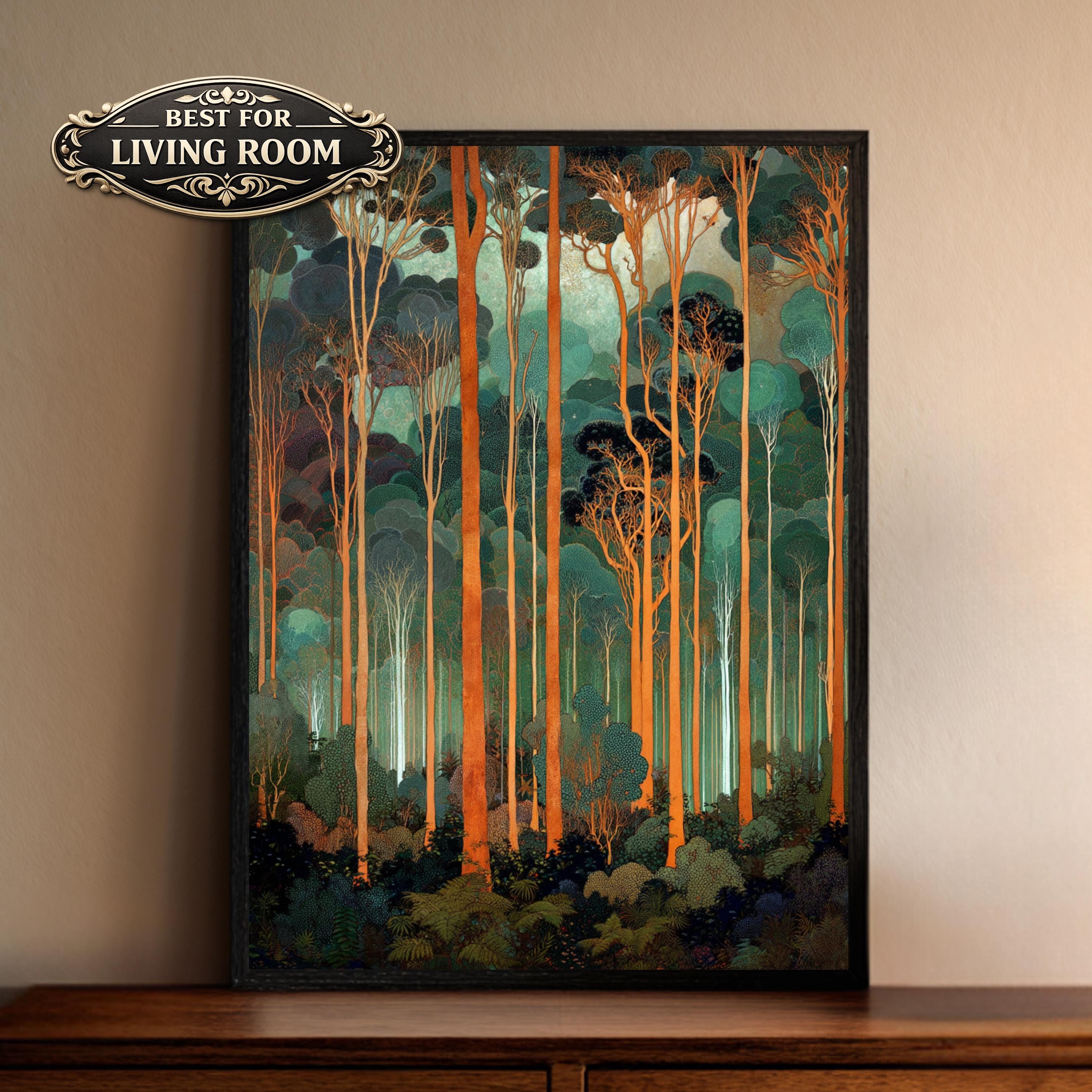 Tall Trees Wall Art, Forest Landscape Print, Teal Green Woodland Decor, Modern Nature Canvas, Vertical Forest Artwork for Living Room