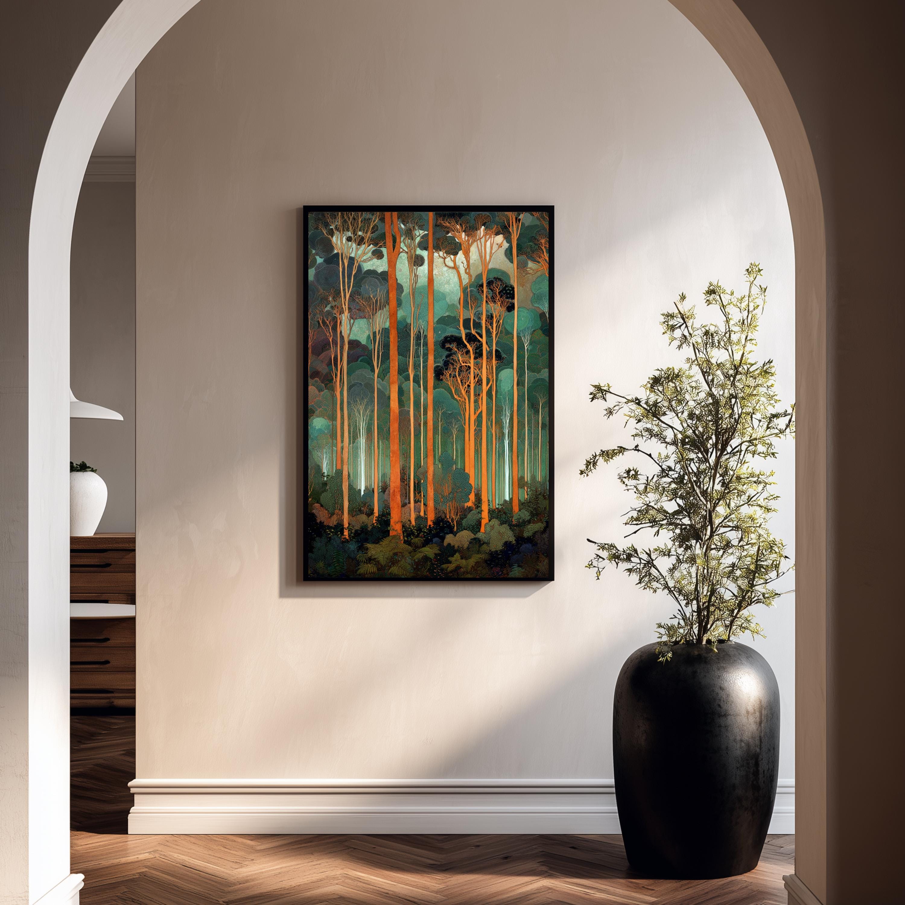 Tall Trees Wall Art, Forest Landscape Print, Teal Green Woodland Decor, Modern Nature Canvas, Vertical Forest Artwork for Living Room