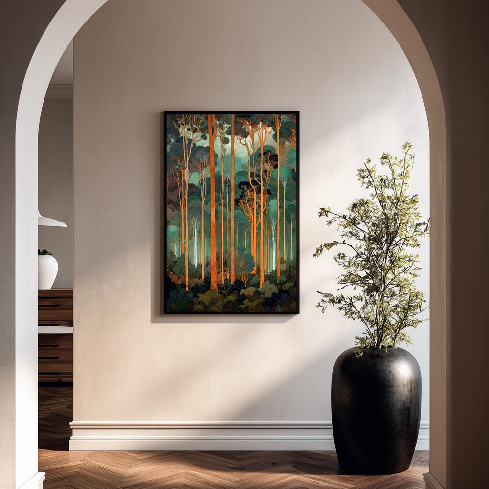 Tall Trees Wall Art, Forest Landscape Print, Teal Green Woodland Decor, Modern Nature Canvas, Vertical Forest Artwork for Living Room
