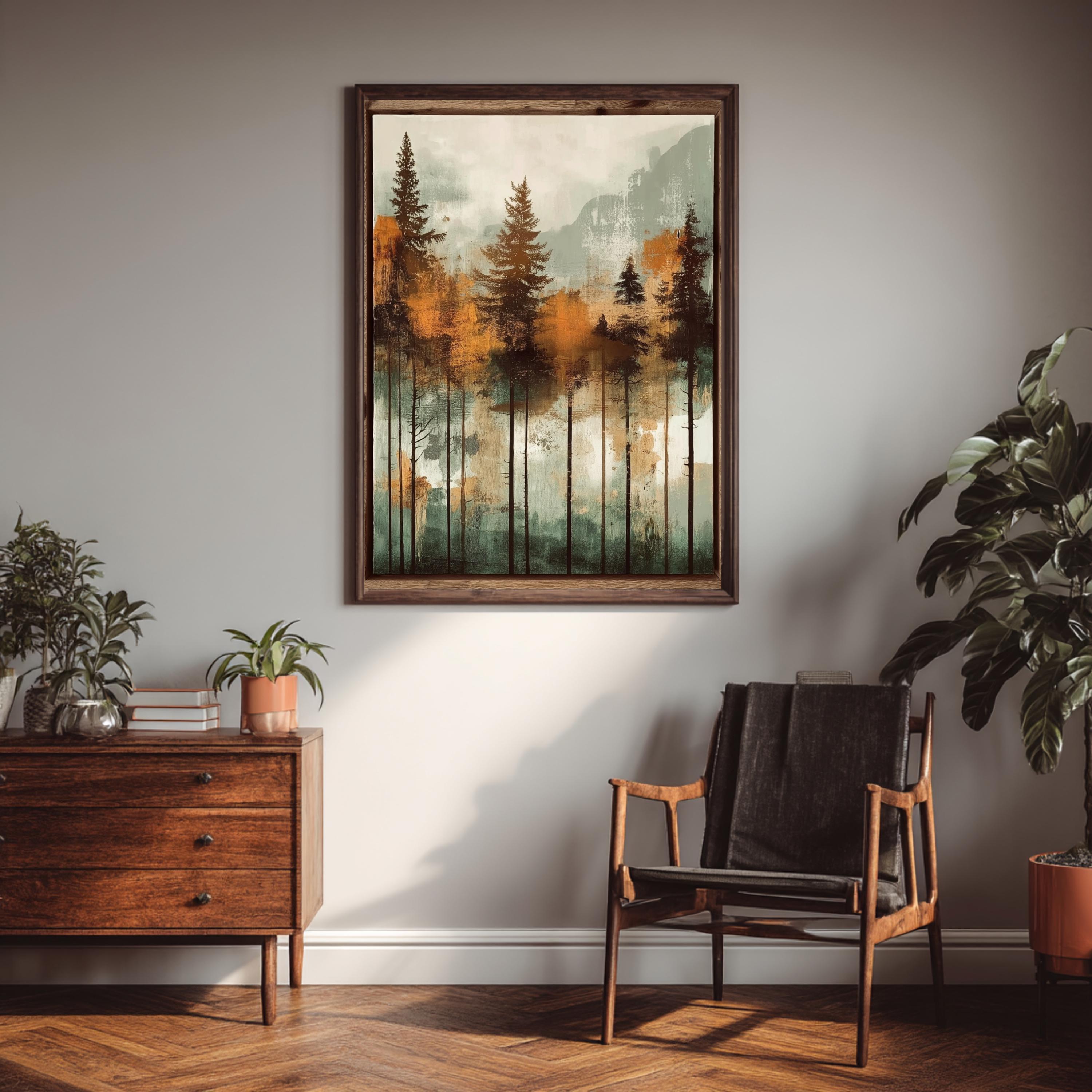 Rustic Forest Wall Art, Mountain Tree Framed Canvas, Cabin Landscape Decor, Earth Tone Nature Print, Woodland Artwork for Living Room