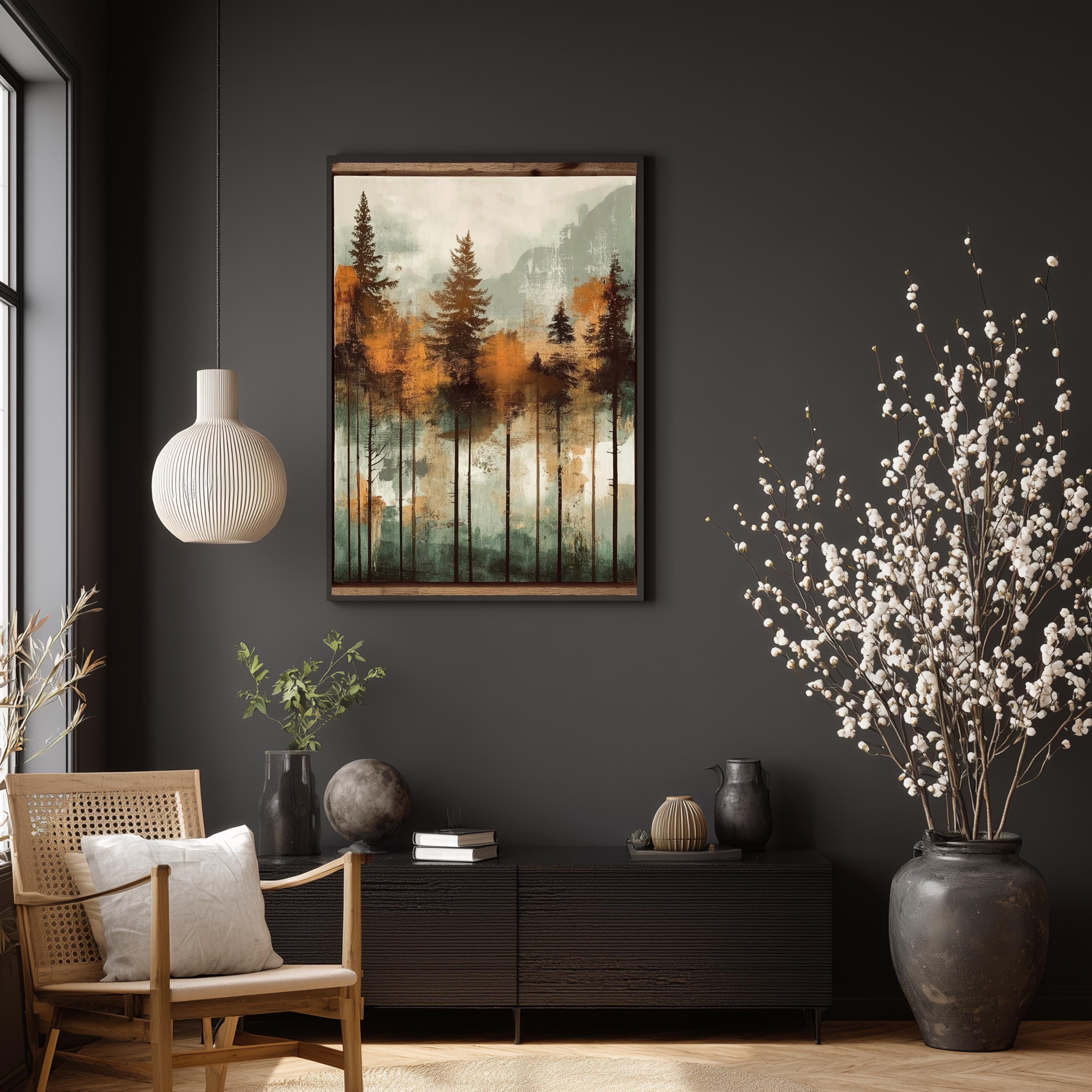 Rustic Forest Wall Art, Mountain Tree Framed Canvas, Cabin Landscape Decor, Earth Tone Nature Print, Woodland Artwork for Living Room