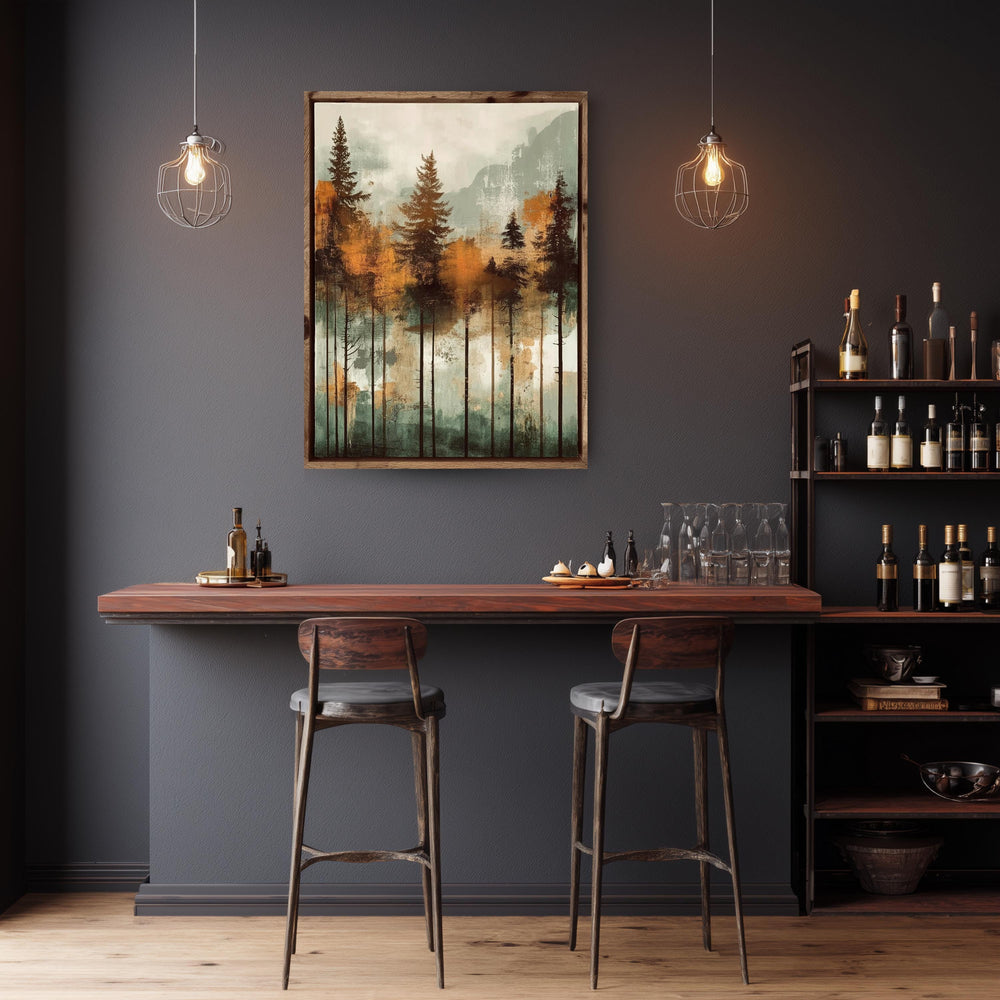 Rustic Forest Wall Art, Mountain Tree Framed Canvas, Cabin Landscape Decor, Earth Tone Nature Print, Woodland Artwork for Living Room