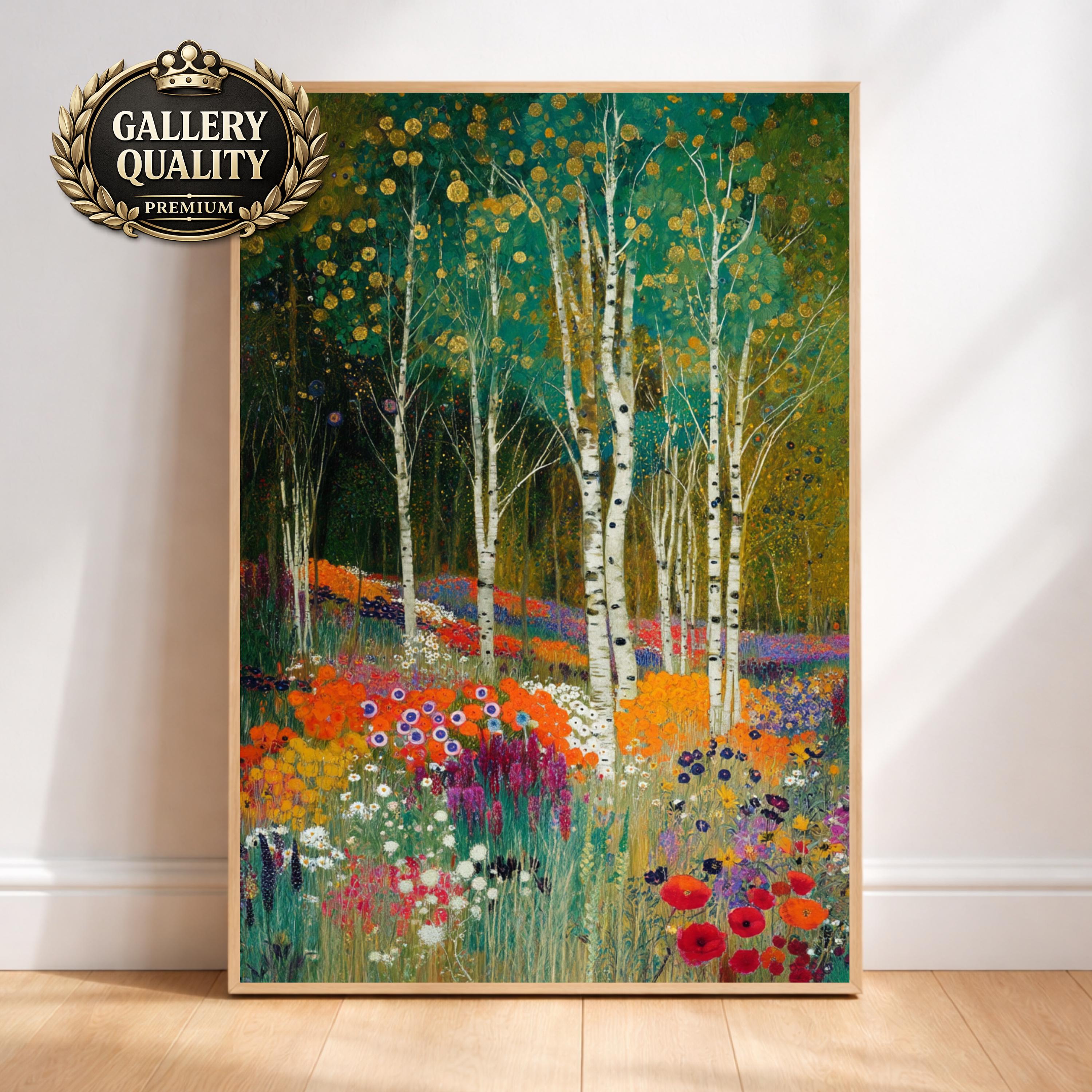 Birch Tree Wall Art, Wildflower Meadow Print, Vibrant Floral Landscape Canvas, Nature Garden Artwork, Cottagecore Decor