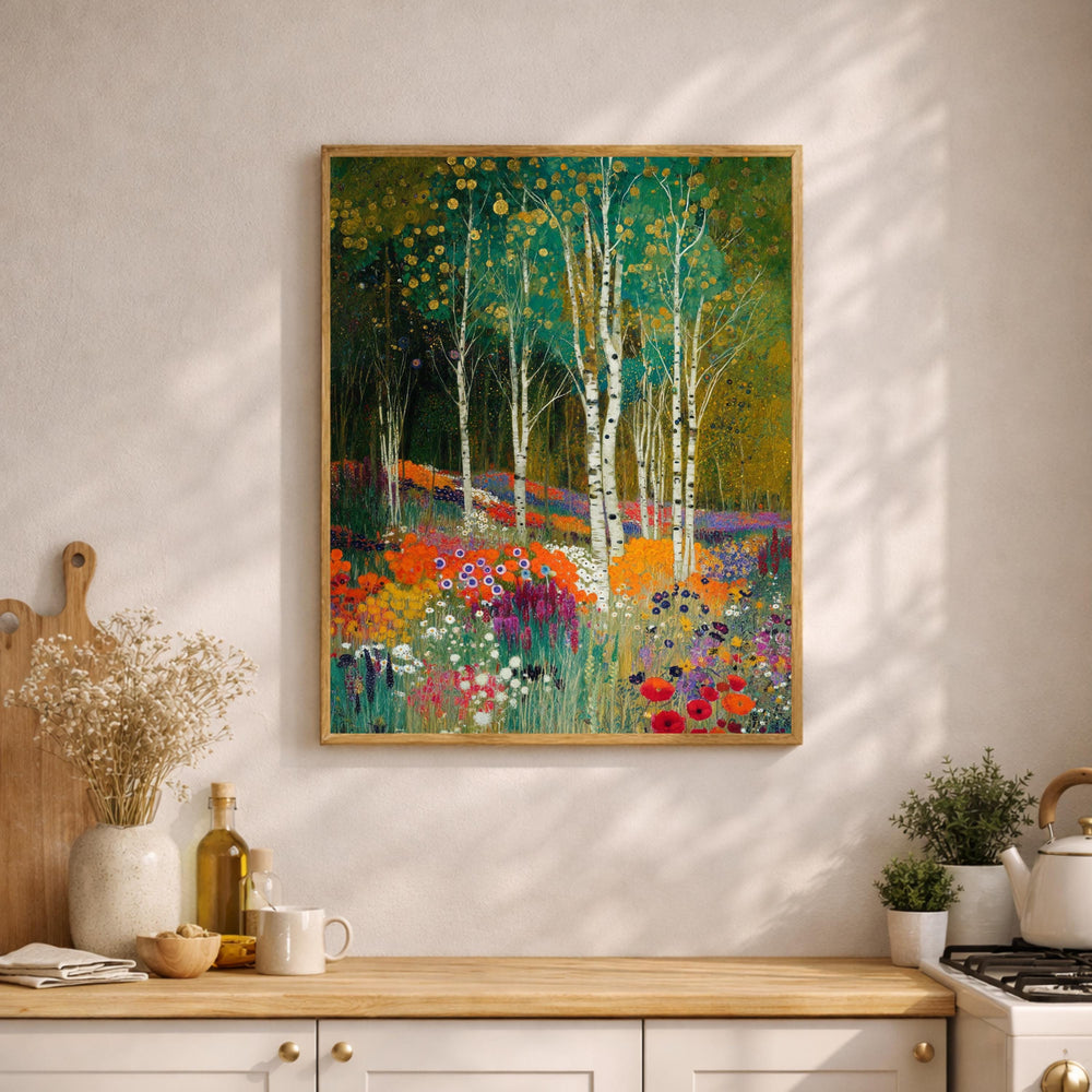 Birch Tree Wall Art, Wildflower Meadow Print, Vibrant Floral Landscape Canvas, Nature Garden Artwork, Cottagecore Decor