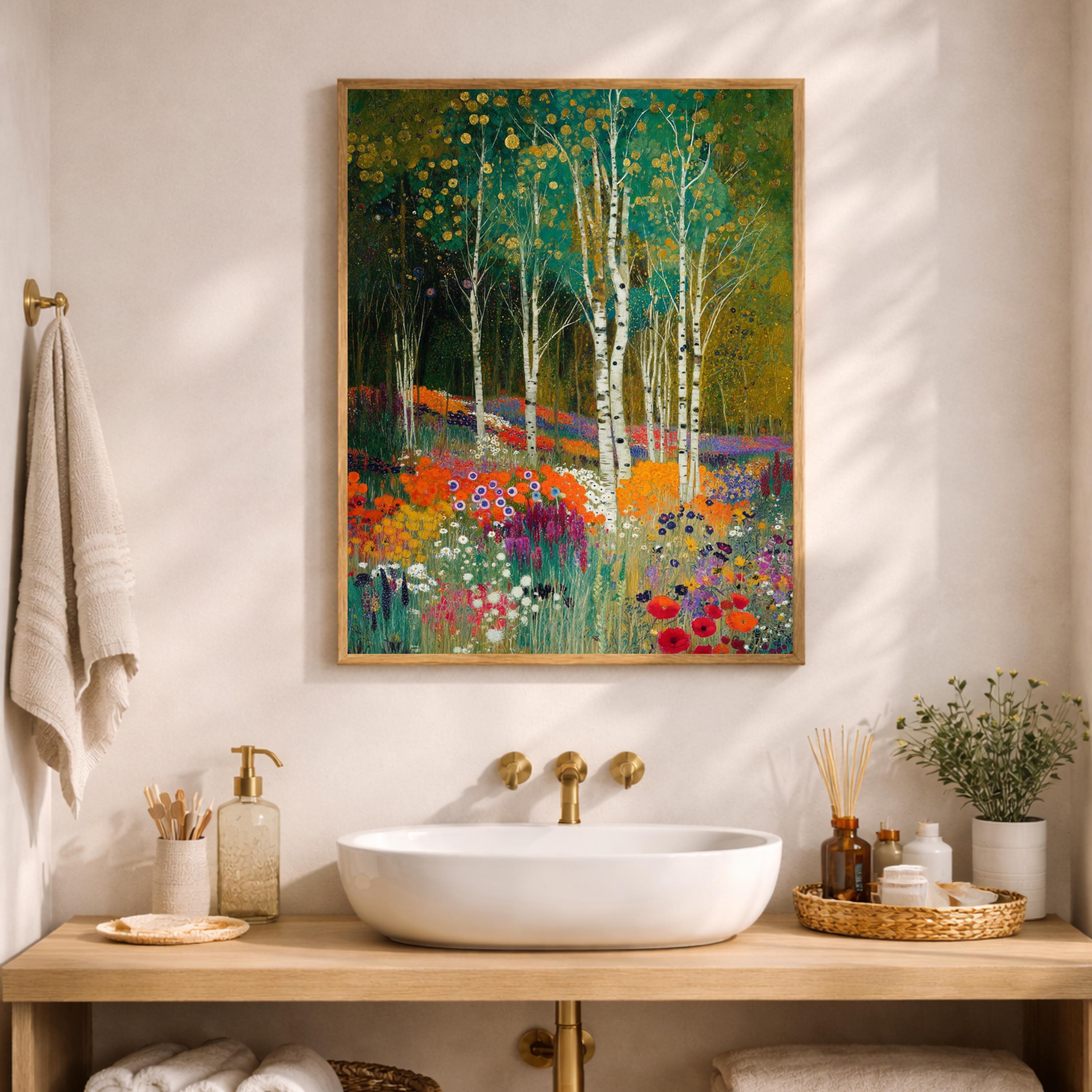 Birch Tree Wall Art, Wildflower Meadow Print, Vibrant Floral Landscape Canvas, Nature Garden Artwork, Cottagecore Decor