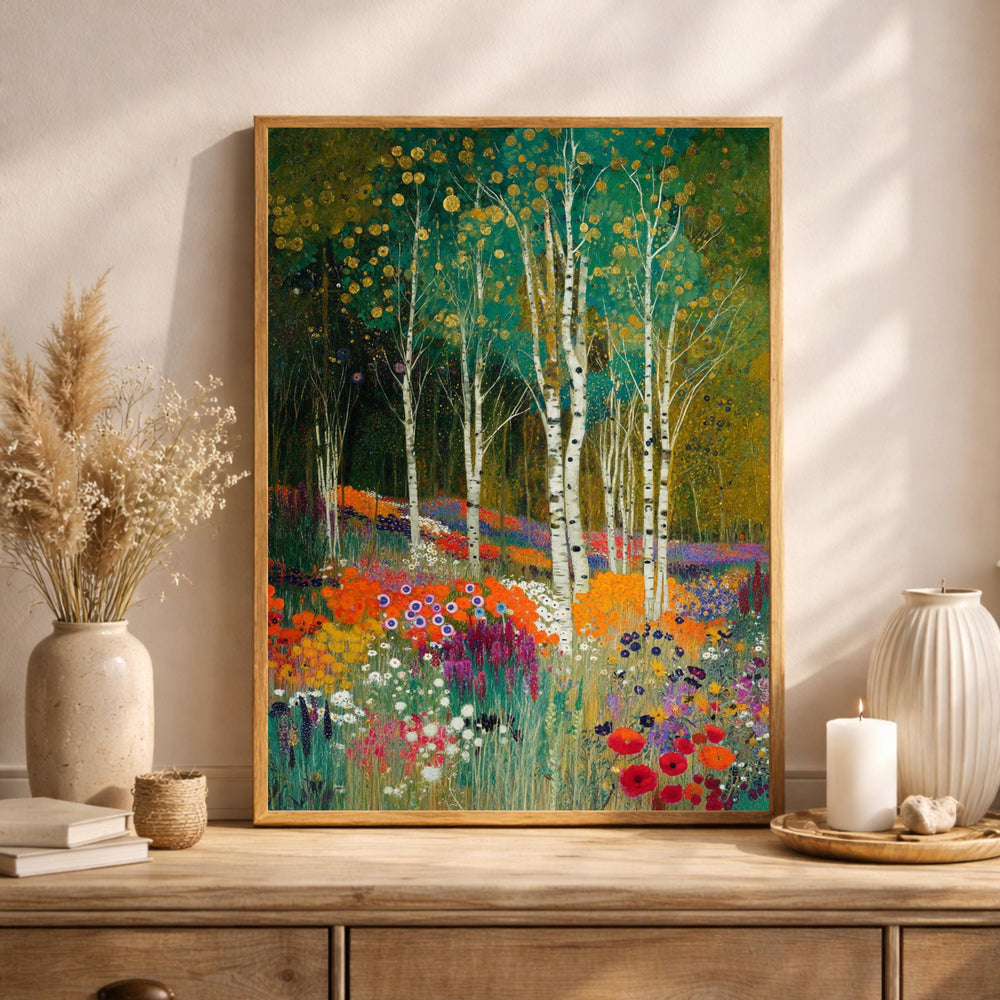 Birch Tree Wall Art, Wildflower Meadow Print, Vibrant Floral Landscape Canvas, Nature Garden Artwork, Cottagecore Decor