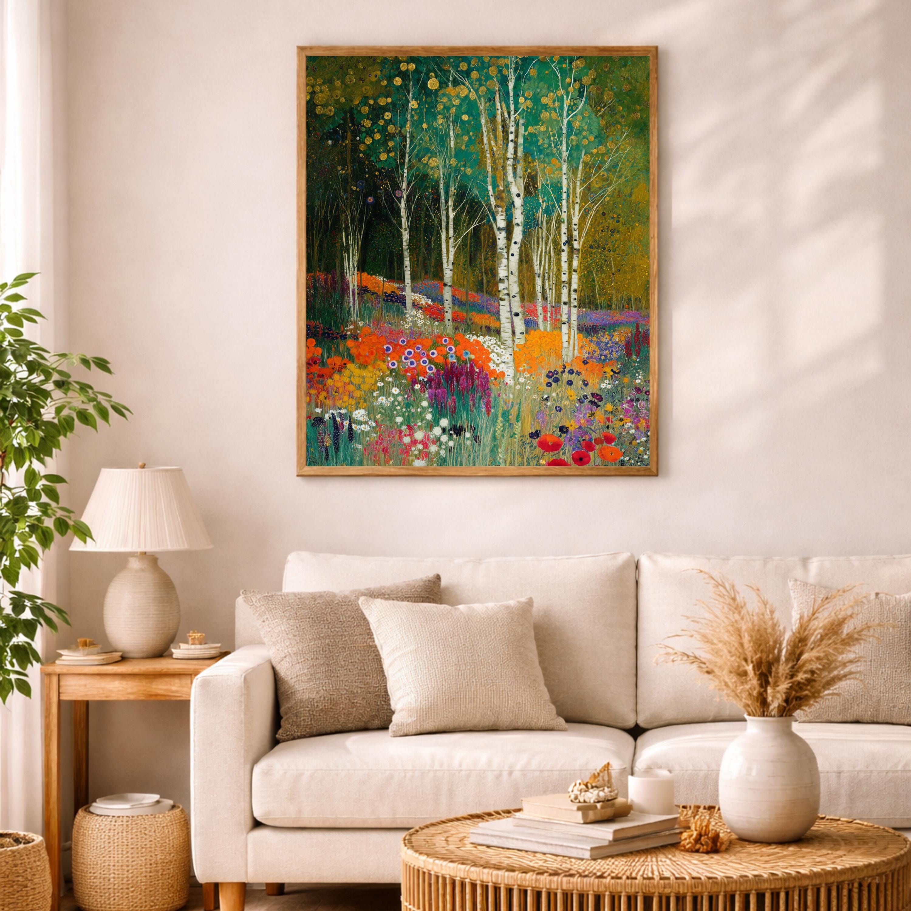Birch Tree Wall Art, Wildflower Meadow Print, Vibrant Floral Landscape Canvas, Nature Garden Artwork, Cottagecore Decor