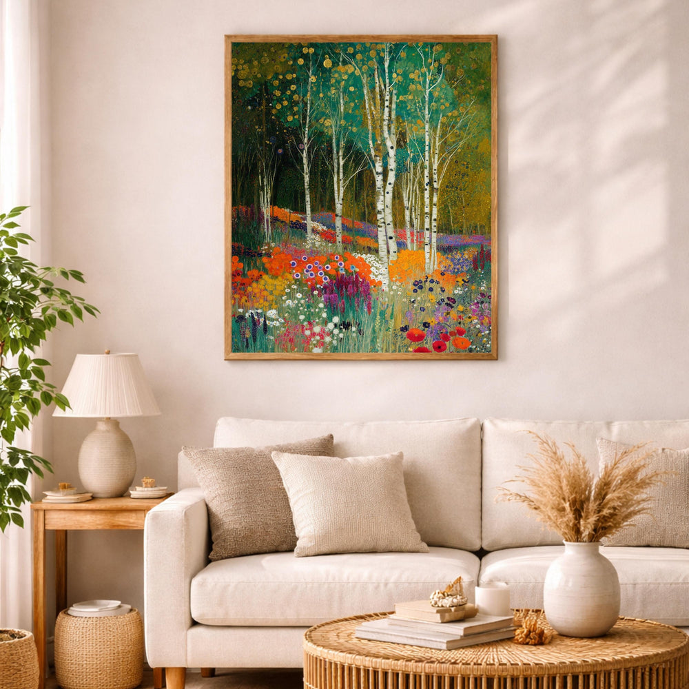 Birch Tree Wall Art, Wildflower Meadow Print, Vibrant Floral Landscape Canvas, Nature Garden Artwork, Cottagecore Decor