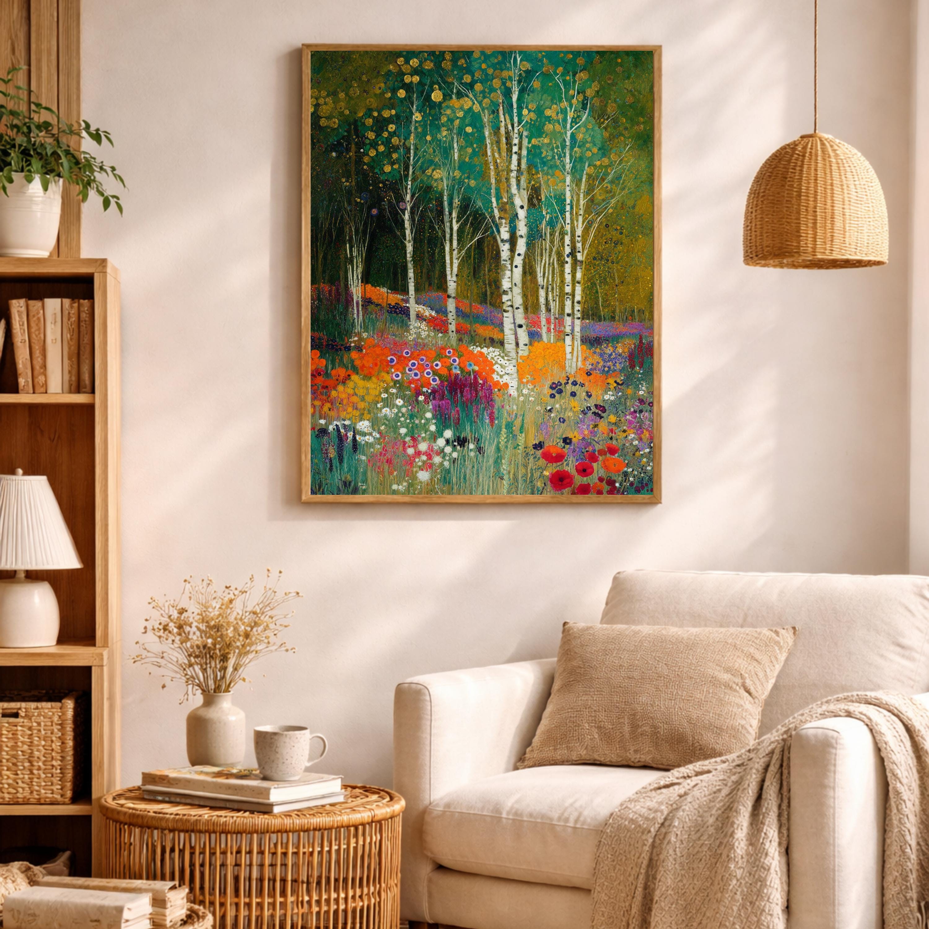 Birch Tree Wall Art, Wildflower Meadow Print, Vibrant Floral Landscape Canvas, Nature Garden Artwork, Cottagecore Decor