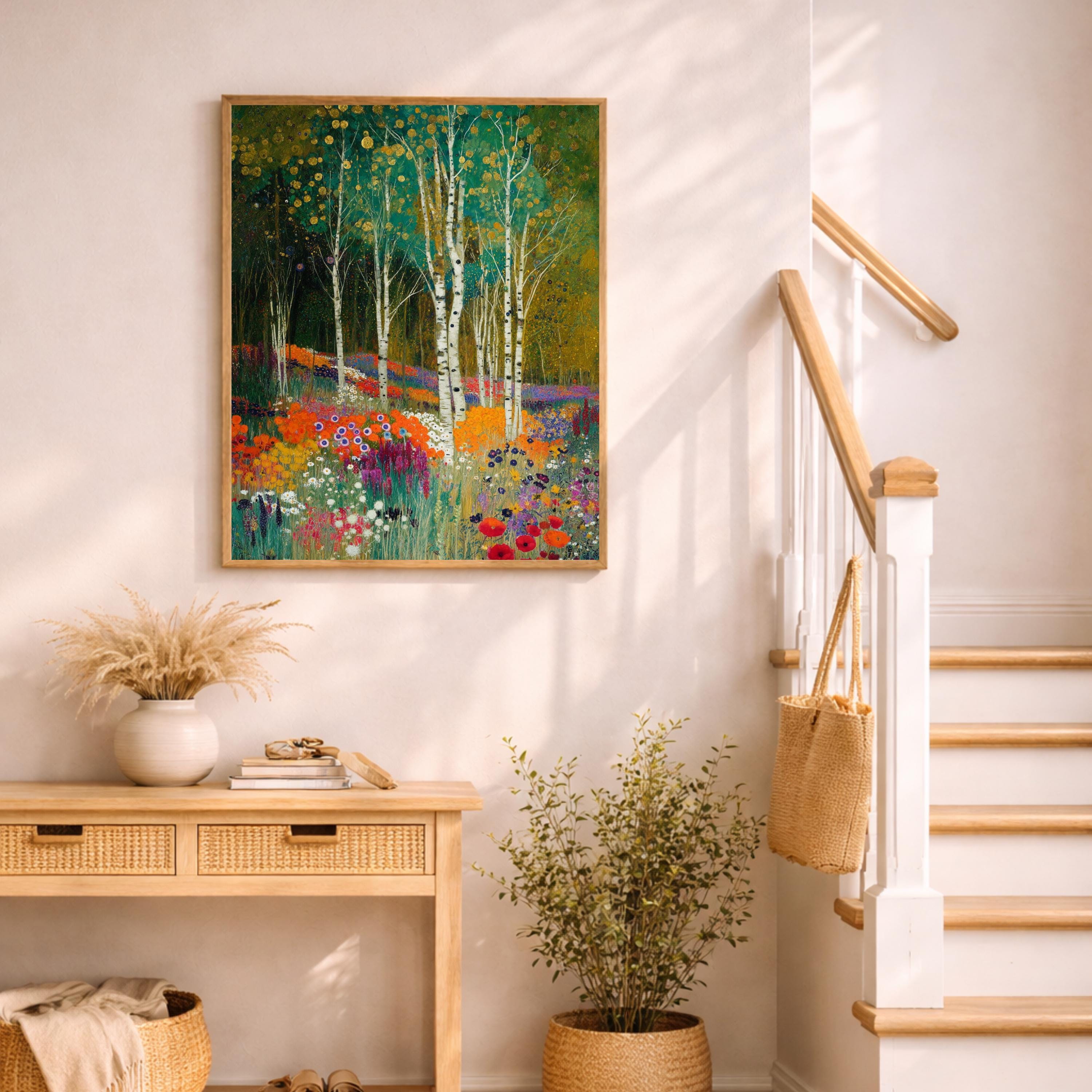Birch Tree Wall Art, Wildflower Meadow Print, Vibrant Floral Landscape Canvas, Nature Garden Artwork, Cottagecore Decor