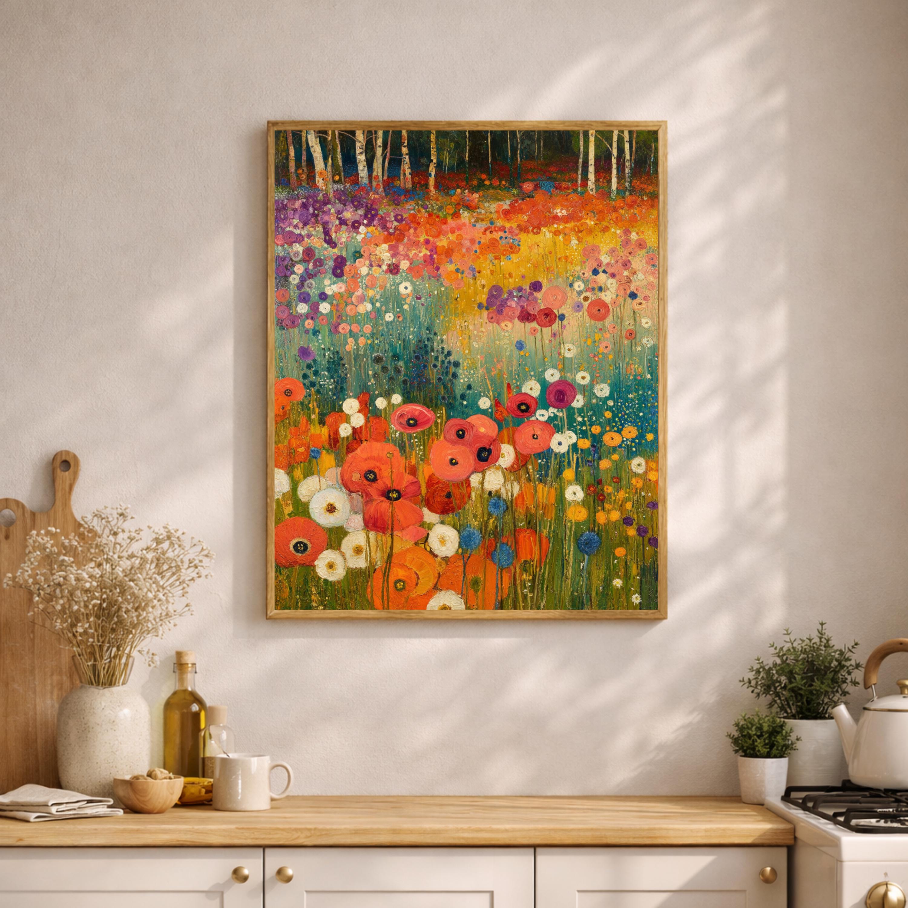 Wildflower Meadow Wall Art, Birch Tree Landscape Print, Vibrant Floral Field Artwork, Cottagecore Nature Decor, Garden Framed Canvas