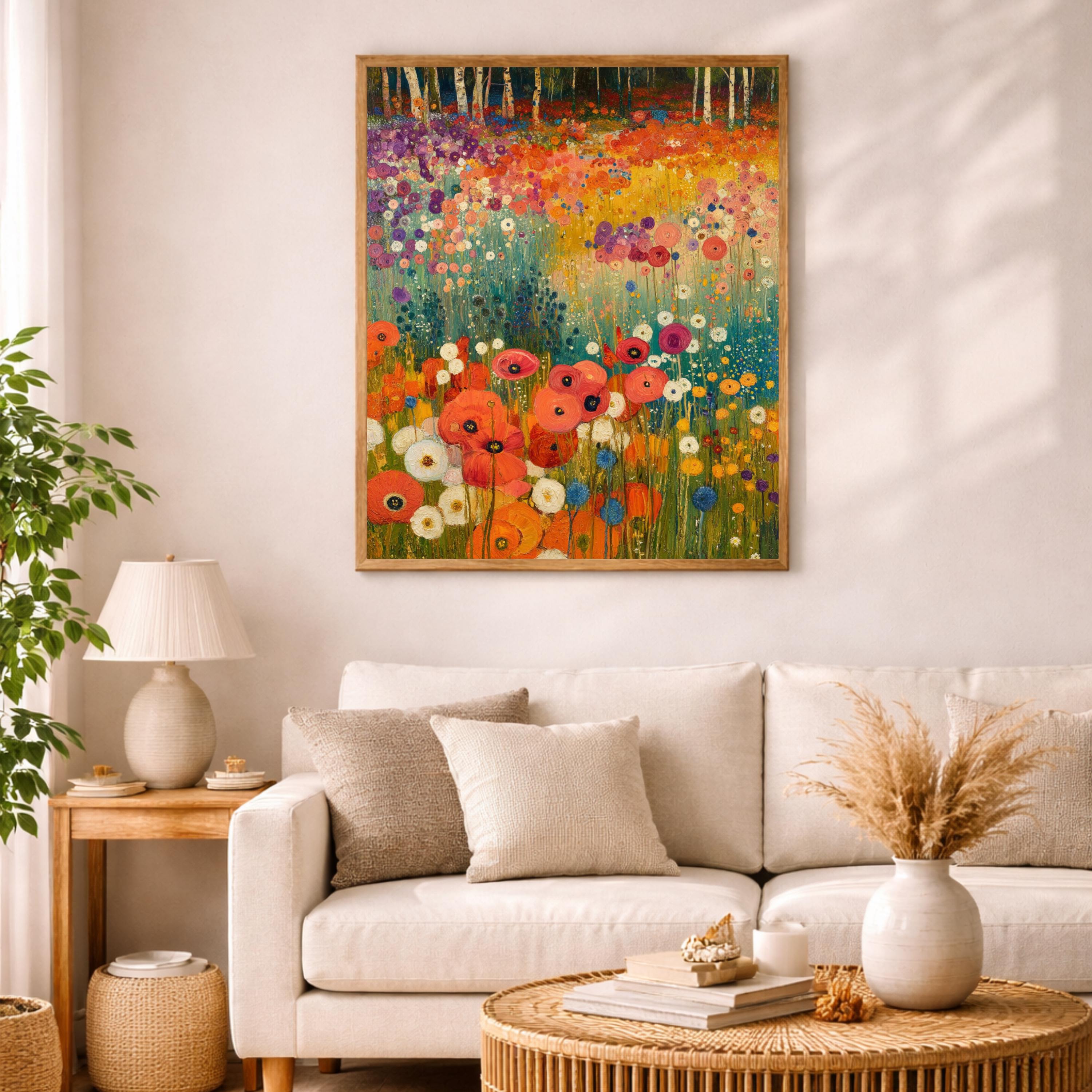Wildflower Meadow Wall Art, Birch Tree Landscape Print, Vibrant Floral Field Artwork, Cottagecore Nature Decor, Garden Framed Canvas