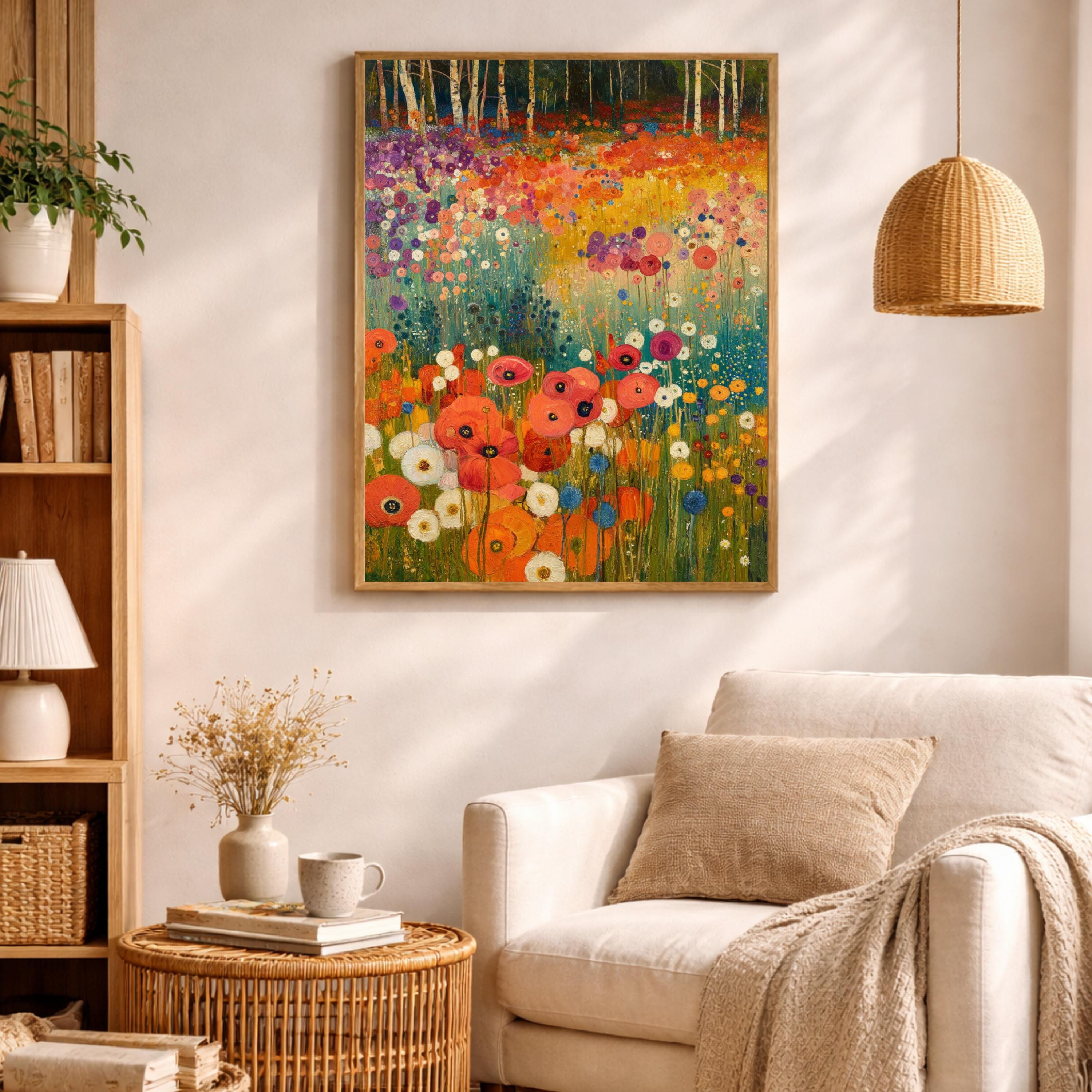 Wildflower Meadow Wall Art, Birch Tree Landscape Print, Vibrant Floral Field Artwork, Cottagecore Nature Decor, Garden Framed Canvas