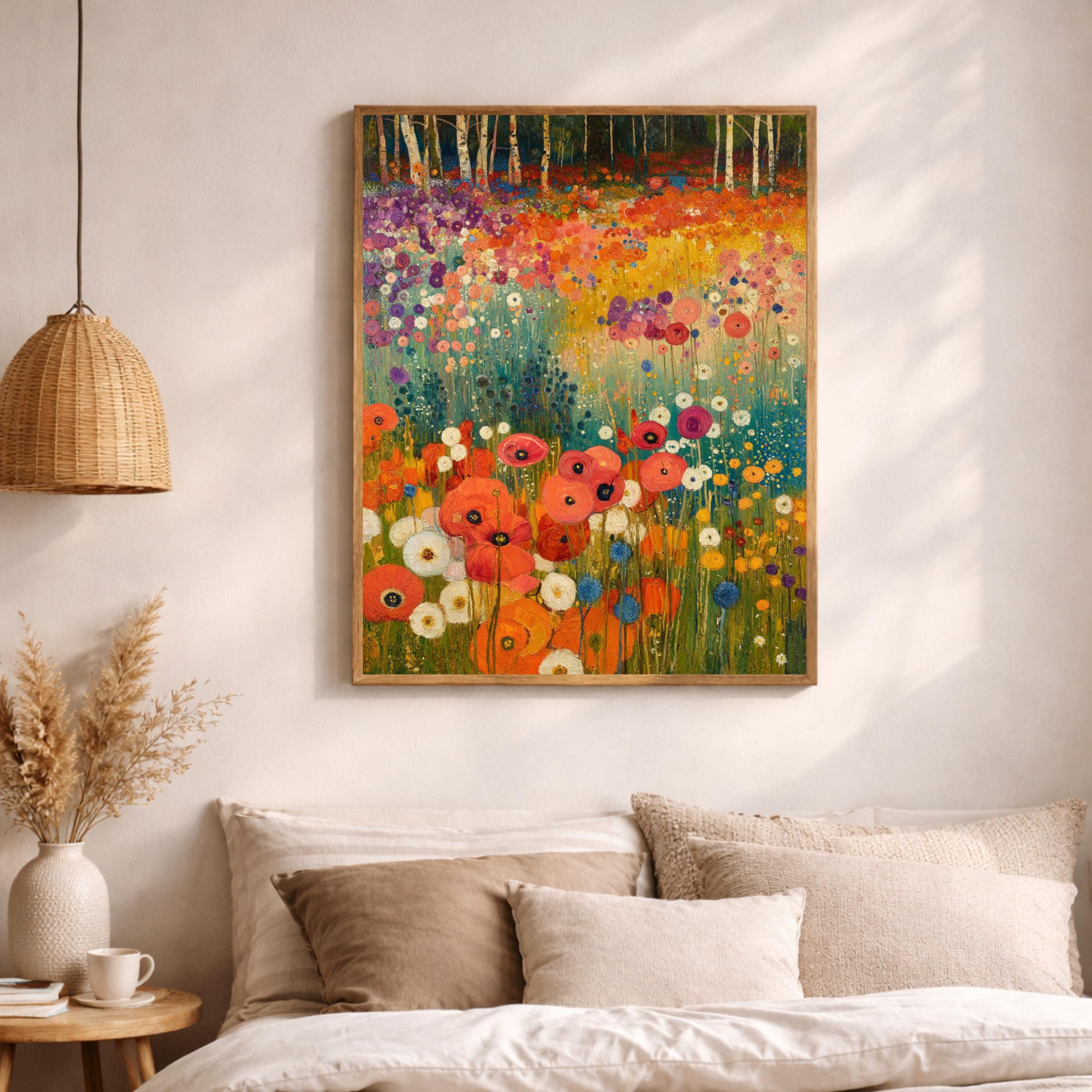 Wildflower Meadow Wall Art, Birch Tree Landscape Print, Vibrant Floral Field Artwork, Cottagecore Nature Decor, Garden Framed Canvas