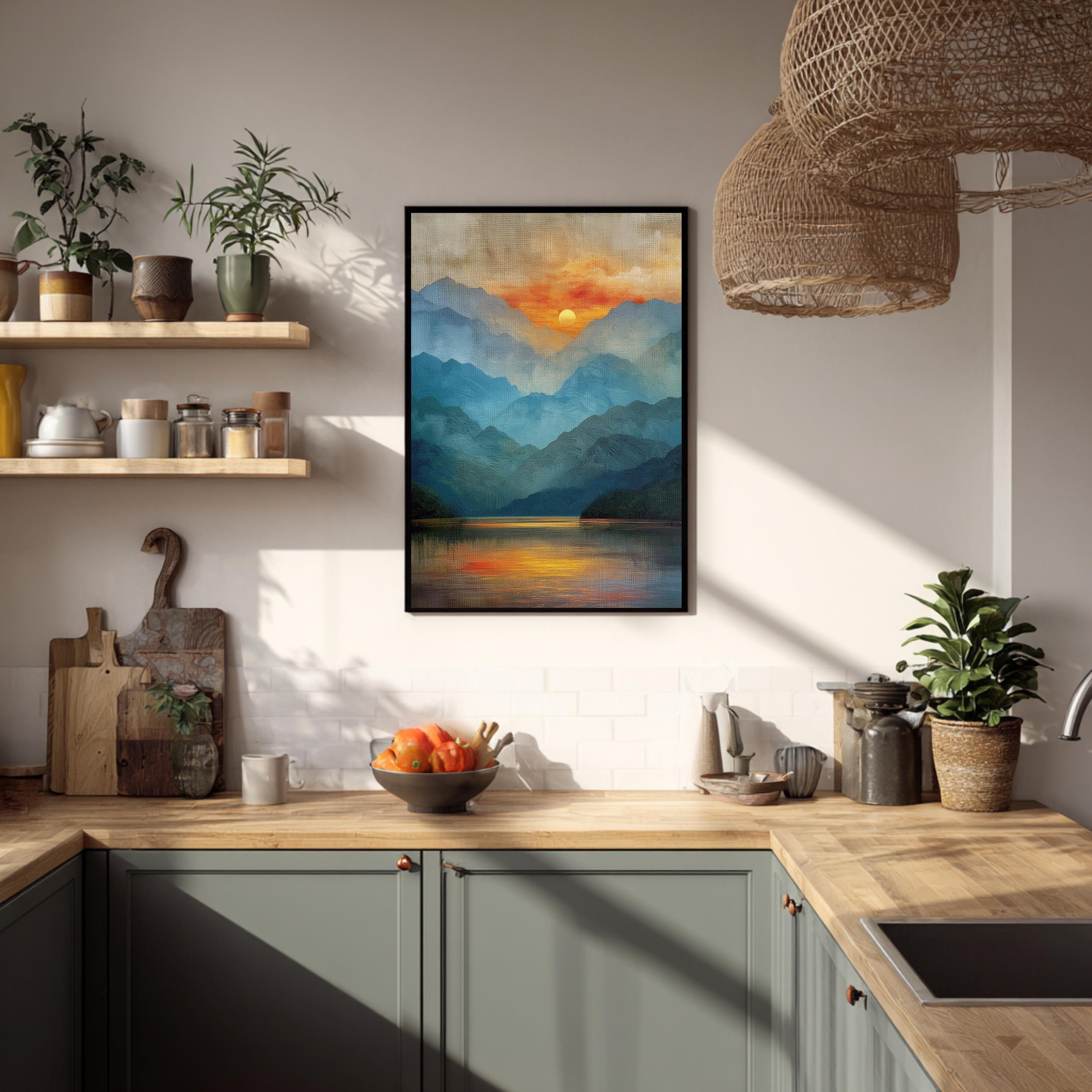 Mountain Lake Wall Art, Sunset Reflection Print, Scenic Landscape Artwork, Nature Home Decor, Calm Wilderness Framed Canvas