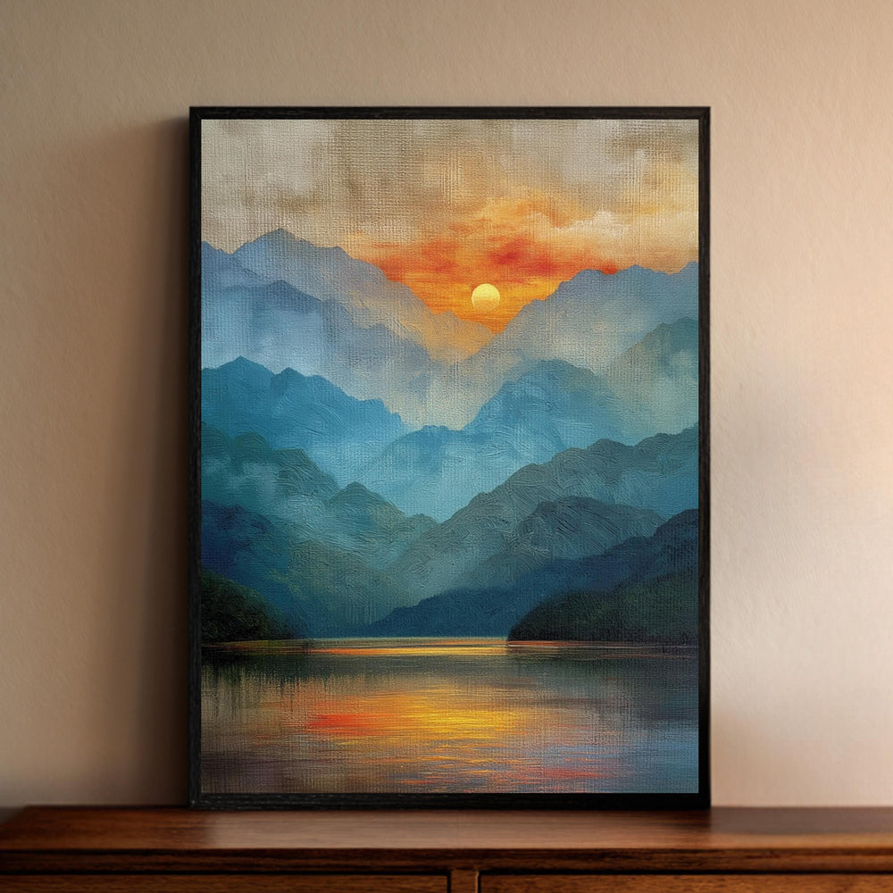 Mountain Lake Wall Art, Sunset Reflection Print, Scenic Landscape Artwork, Nature Home Decor, Calm Wilderness Framed Canvas