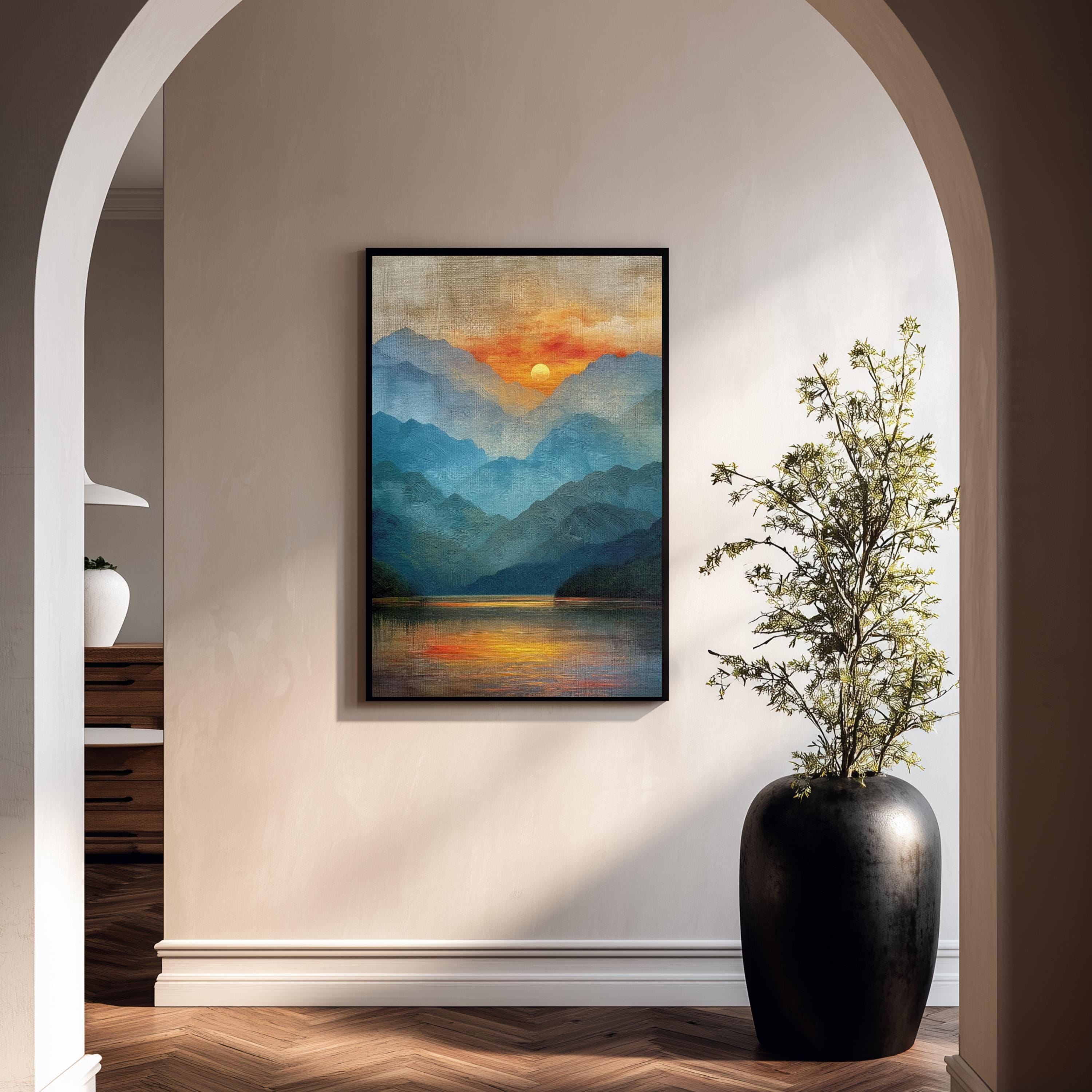 Mountain Lake Wall Art, Sunset Reflection Print, Scenic Landscape Artwork, Nature Home Decor, Calm Wilderness Framed Canvas