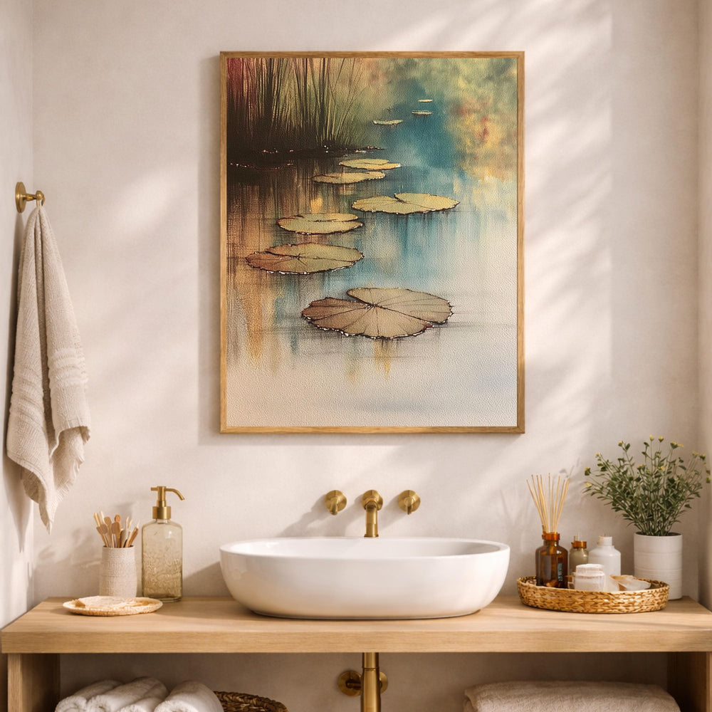 Lily Pad Pond Wall Art, Serene Water Landscape Print, Botanical Nature Decor, Neutral Calm Artwork, Zen Pond Framed Canvas